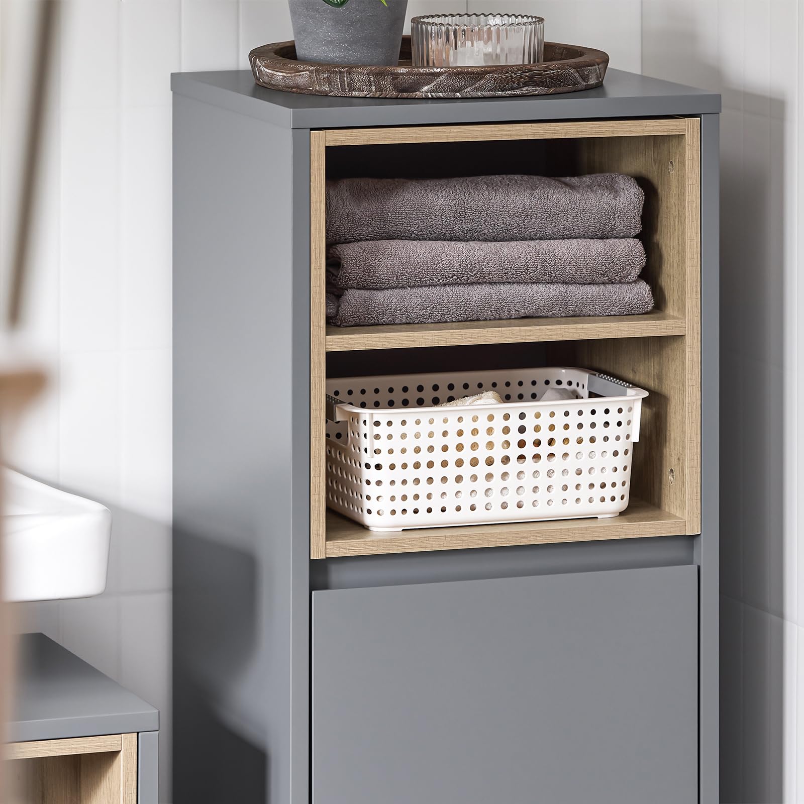 BZR146-DG Wäscheschrank mit Korb, platzsparend, modernes Design, B 35 x T 30 x H 105 cm, BZR146-DG für Zuhause und Waschküche, Grau
