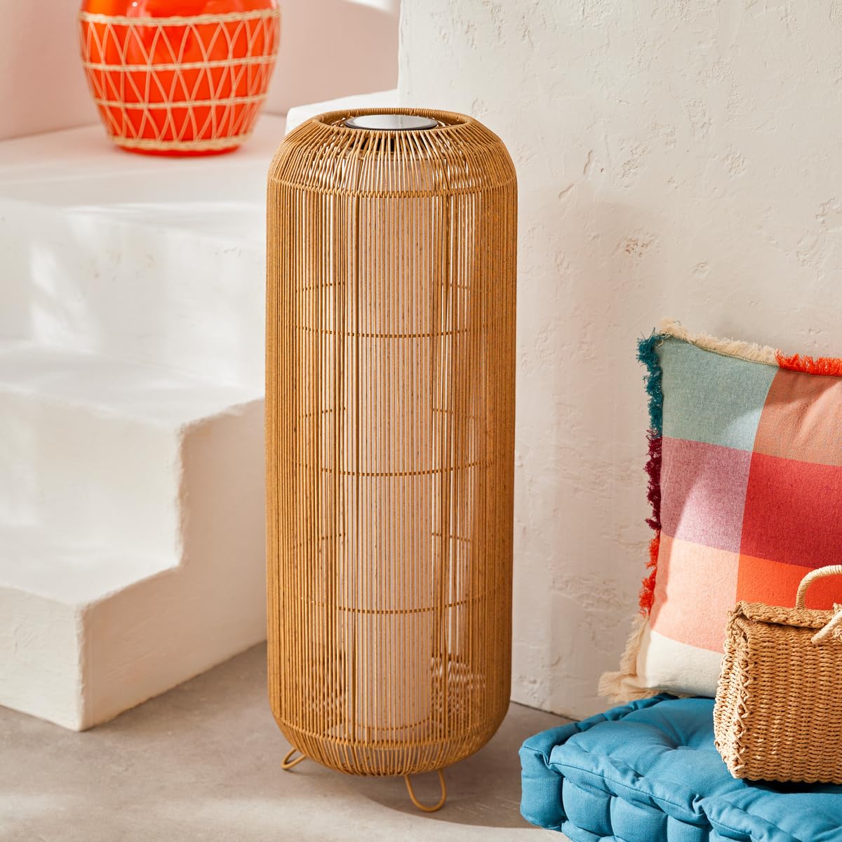 Atmosphera - Lampadaire d'Extérieur Solaire Loise Beige H 78 cm, Résine Effet Rotin Tressé, Rechargeable USB - Pour Jardin, Terrasse, Balcon