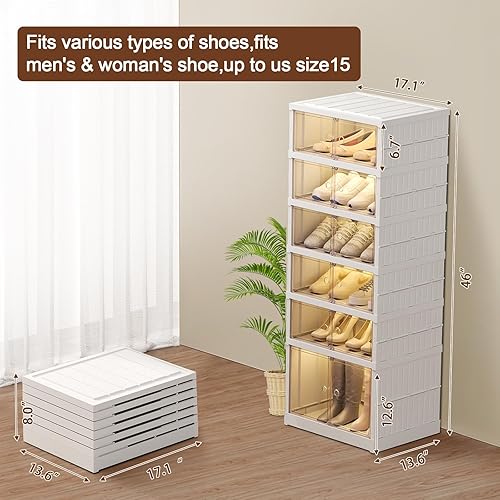 Miniatura 2 de FJJAQQ Zapatero plegable para armario, caja de almacenamiento de 12 pares de zapatos, caja de zapatos apilable de plástico con puerta transparente,