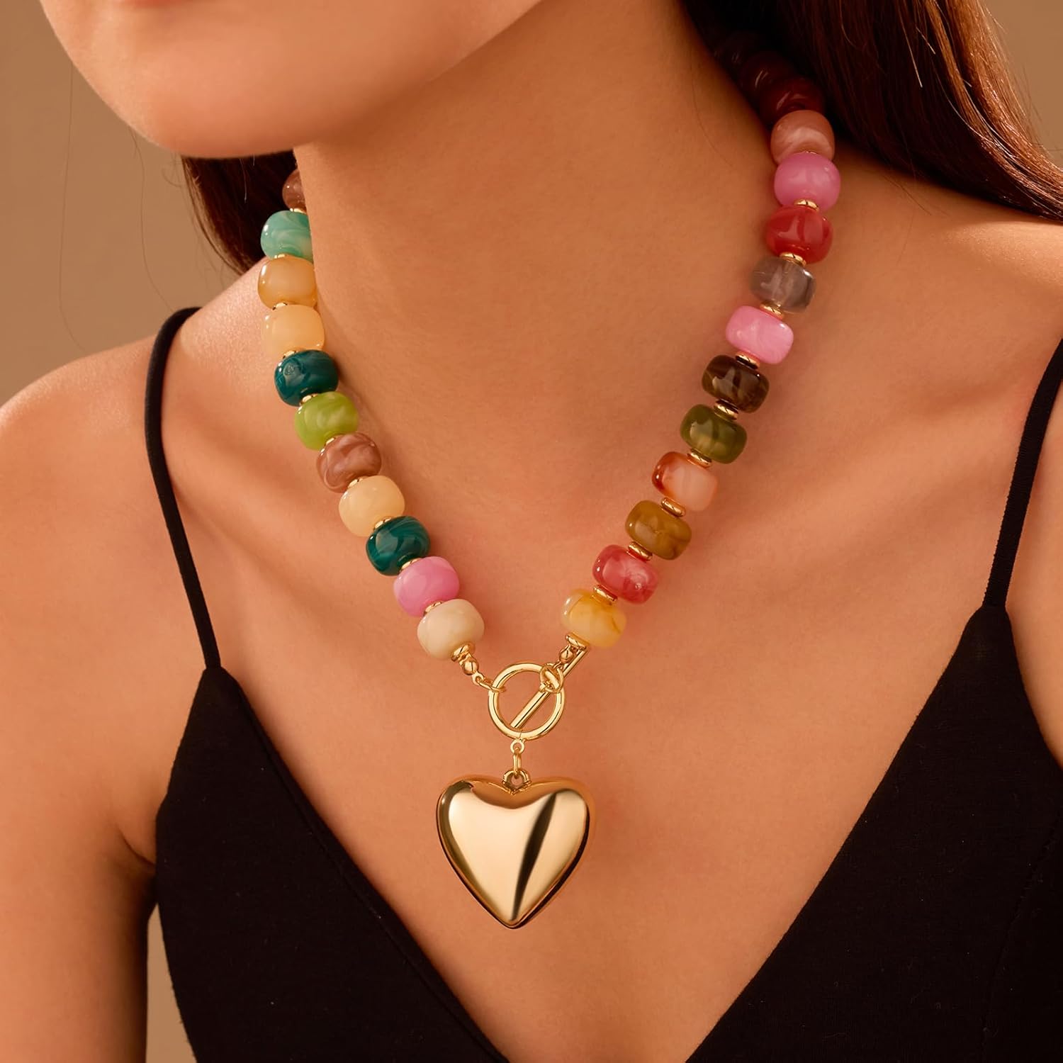 GZQ Chunky Gold Heart Necklace for Women, Acrylic Beaded Chain with Puff Heart Adjustable Clasp, Perfect for Daily Wear Party Date Streetwear Outfits Fashion Jewelry Gift - Image 2