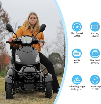 Mobility Scooters for Seniors,Heavy-Duty 4 Wheel Mobility Scooters for Travel,500LBS Capacity 800W All Terrain Handicap Scooters for Adults (Black-XL)