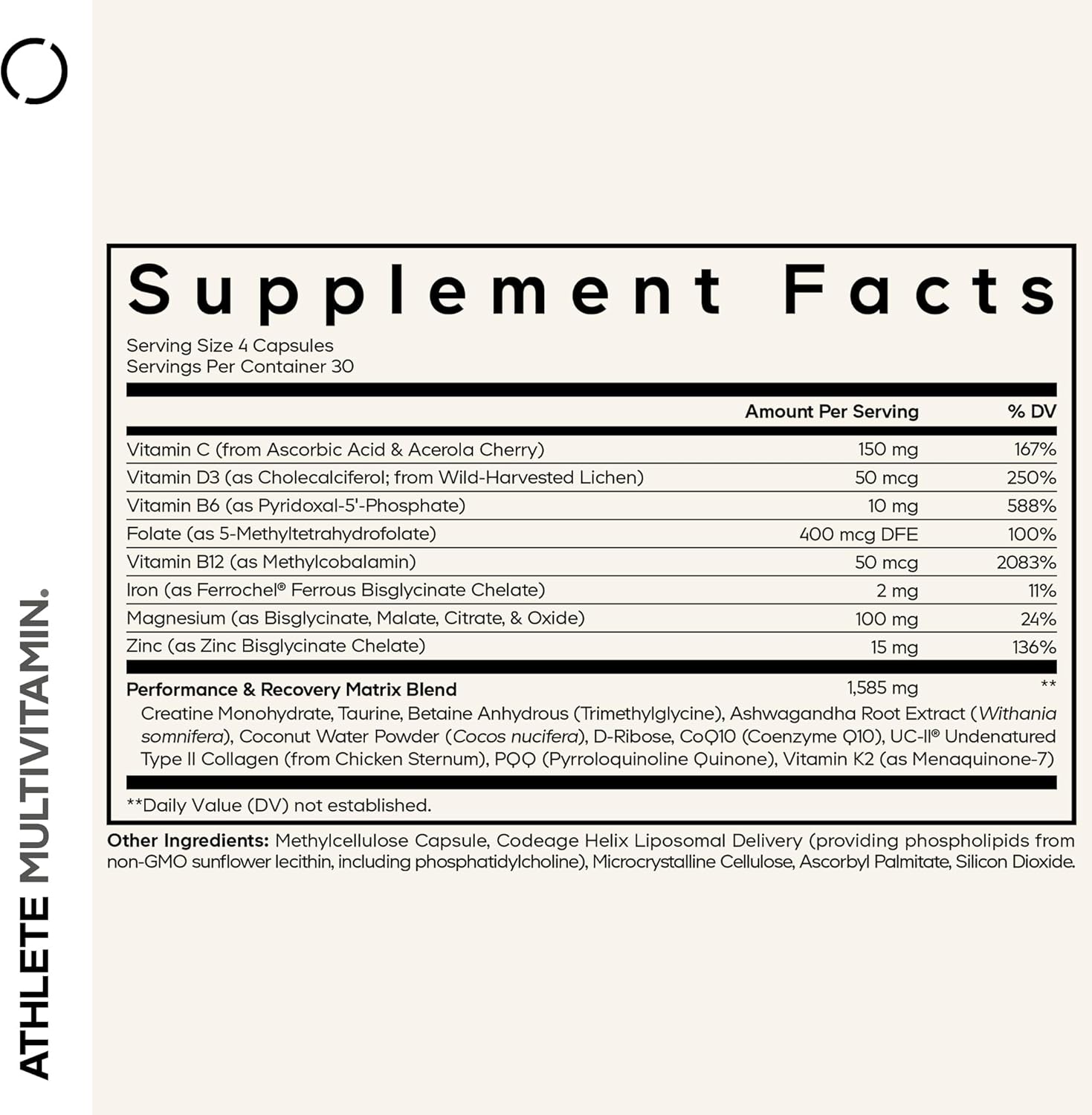 Codeage Athlete Multivitamin Platinum – Sports Supplement with Vitamins & Minerals, Folate, Iron & Magnesium, Creatine, Taurine, Electrolytes, CoQ10, PQQ, UC-II Collagen – Non-GMO – 120 Capsules