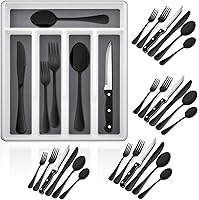 Vista 1 de E-far Juego de cubiertos negros de 24 piezas con cuchillos para carne y bandeja organizadora, cubiertos de acero inoxidable para 4, utensilios