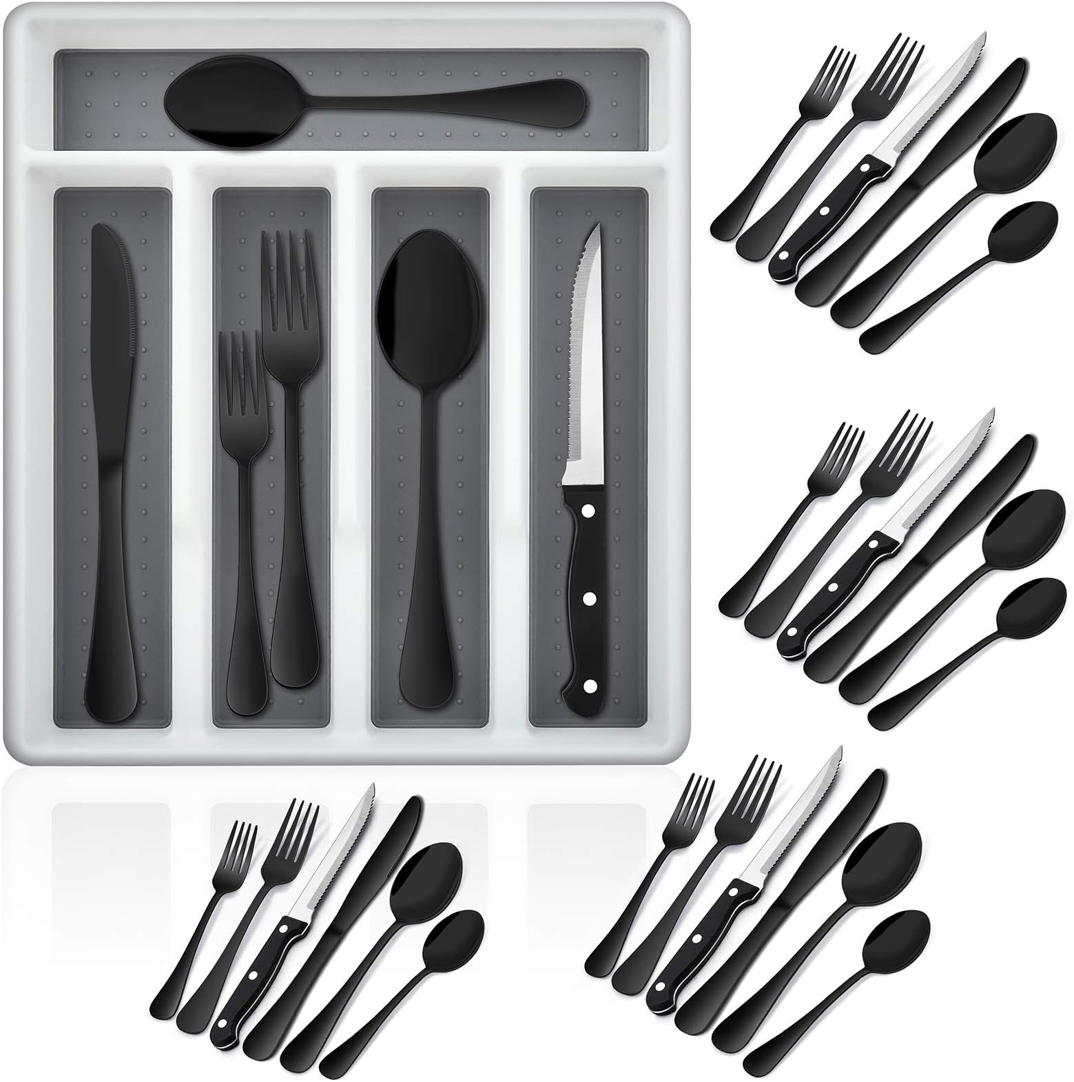 24-Piece Black Silverware Set with Steak Knives and Organizer Tray, E-far Stainless Steel Flatware Cutlery Service for 4, Tableware Eating Utensils for Home Kitchen, Mirror Polished, Dishwasher Safe