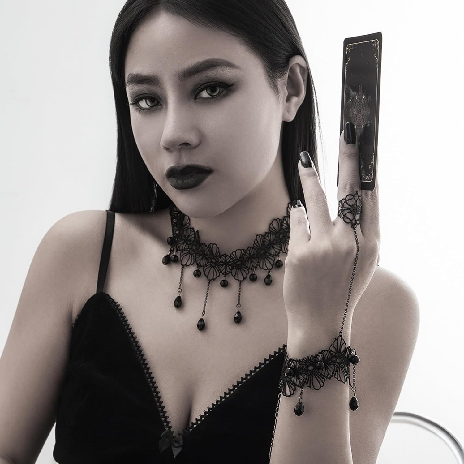 Gothic Layered Lace Choker Necklace Earrings Set for Women,Vintage Black Crystal Tassels Necklaces Earrings Set Statement Punk Style Necklaces Earring Halloween Dark Vampire Jewelry - Image 2