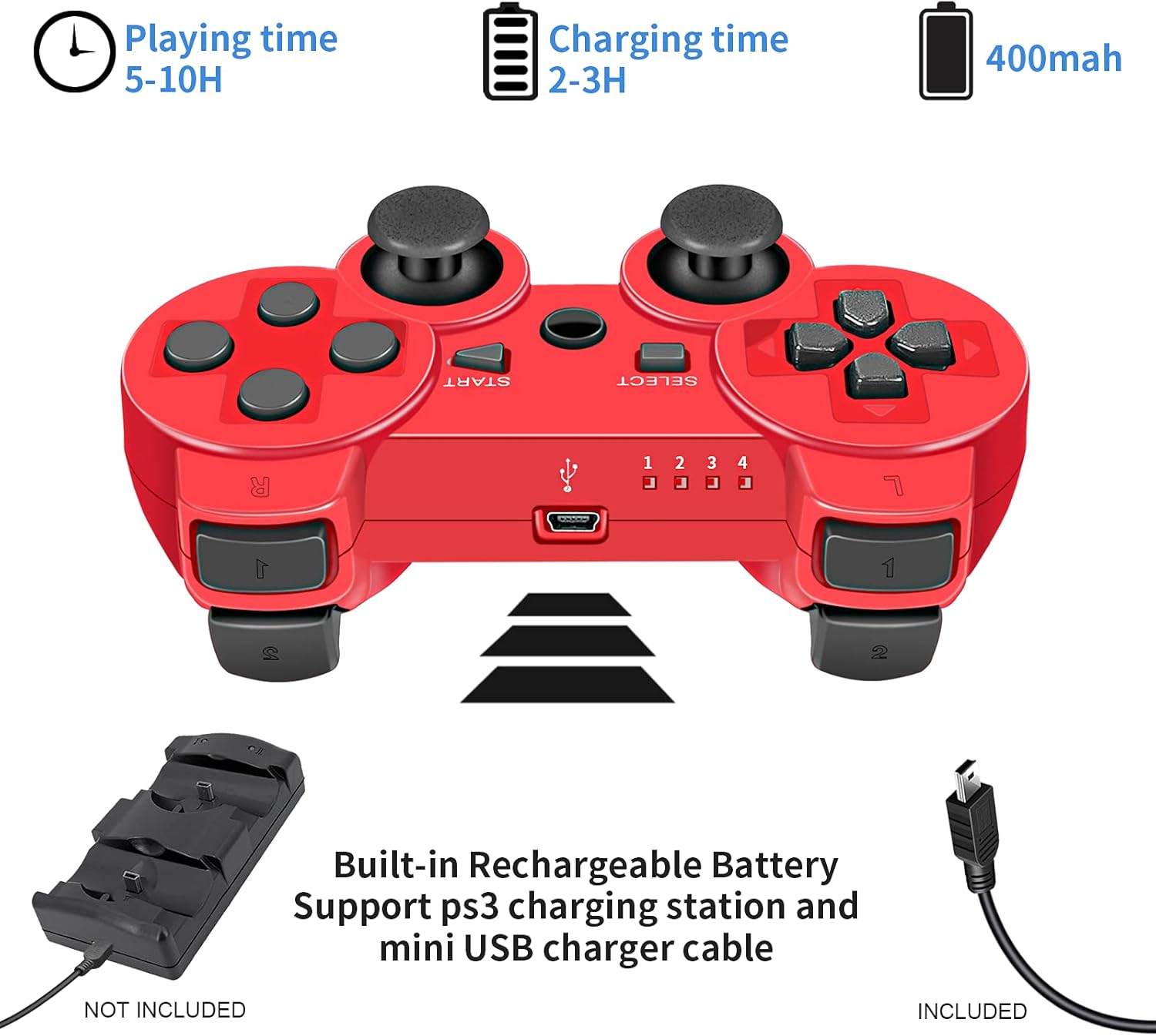 PS-3 Controller Wireless, PS-3 Joystick, PS-3 Remote, Wireless PS-3 Controller Double Shock Gamepad Compatible for Play-station3, Coming with Skin Cover,Thumb Grips and Mini USB Cable (Red) : Video Games