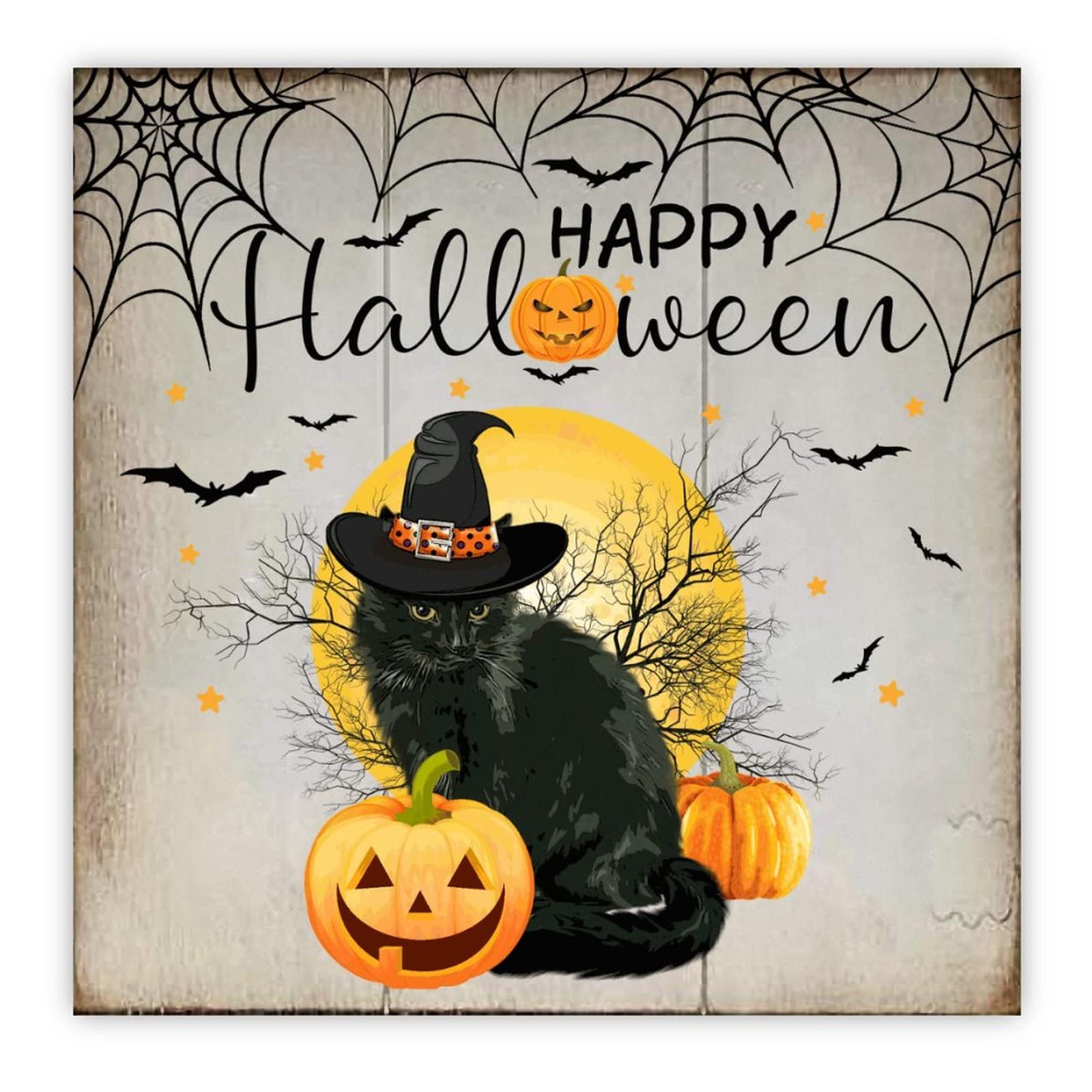 Placa de madera de Halloween duradera con diseño de gato y murcielago para pared