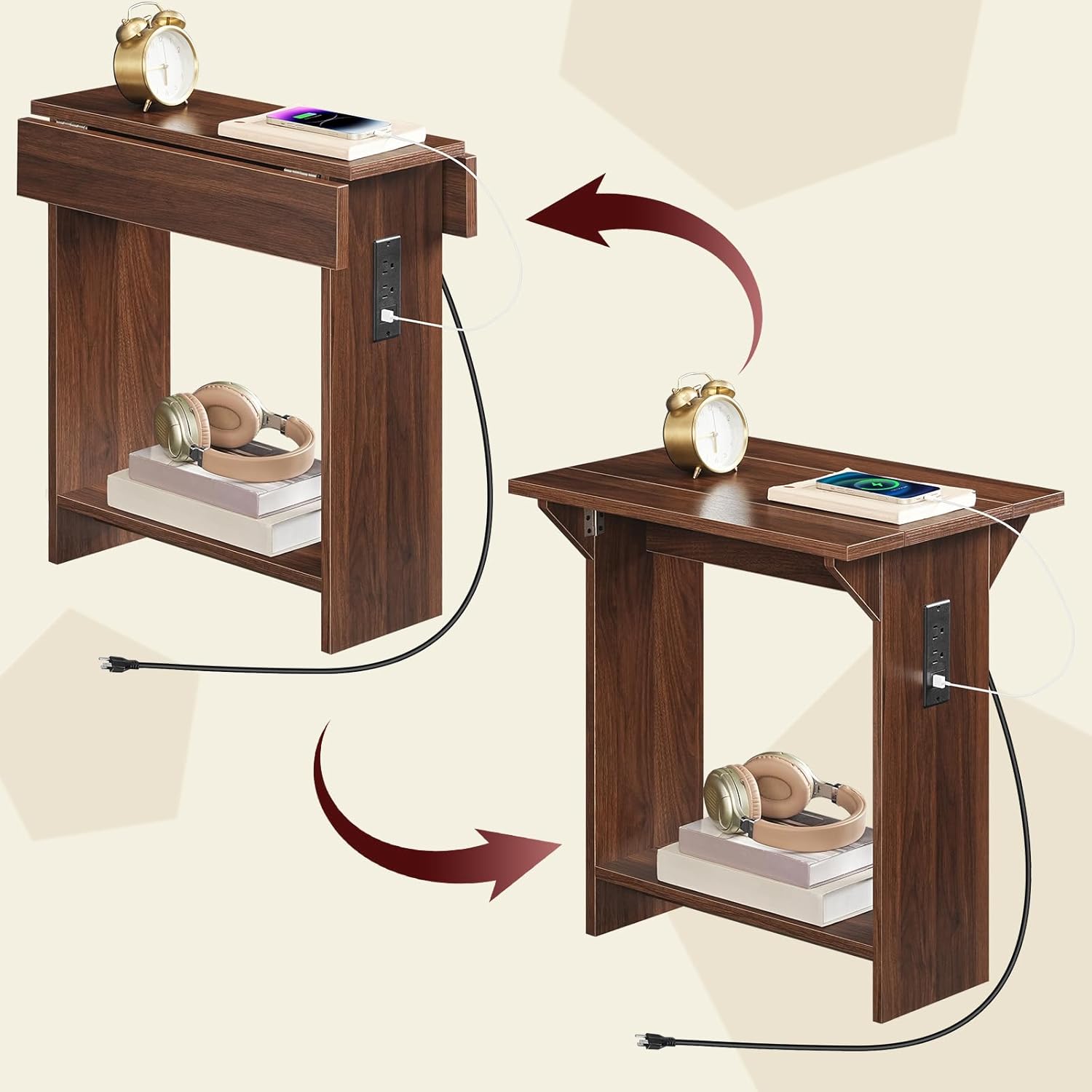 Small Side Table with Charging Station, Foldable End Table with USB Ports and Outlets, Narrow Side Table with Storage for Small Space, Narrow Nightstand, Snack Tables for Living Room, Walnut ETZB74E01