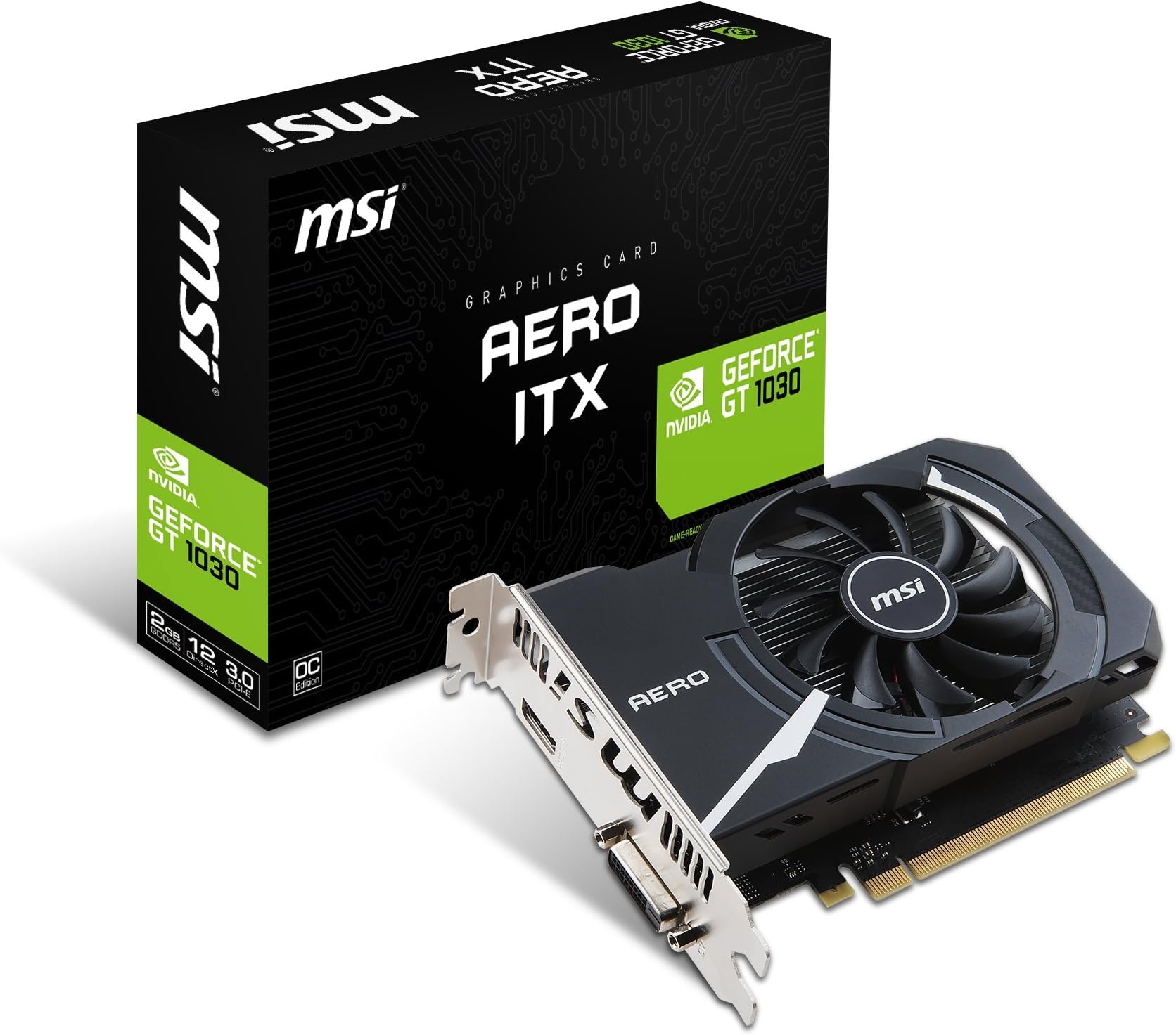MSI GEFORCE GT 1030 AERO ITX 2G OC Graphics Card '2 GB GDDR5, 1x SL-DVI-D, 1x HDMI, Boost Clock 1518MHz, Base Clock 1265MHz, MINI-ITX Compact size design, Single Fan Cooling System, NVIDIA'