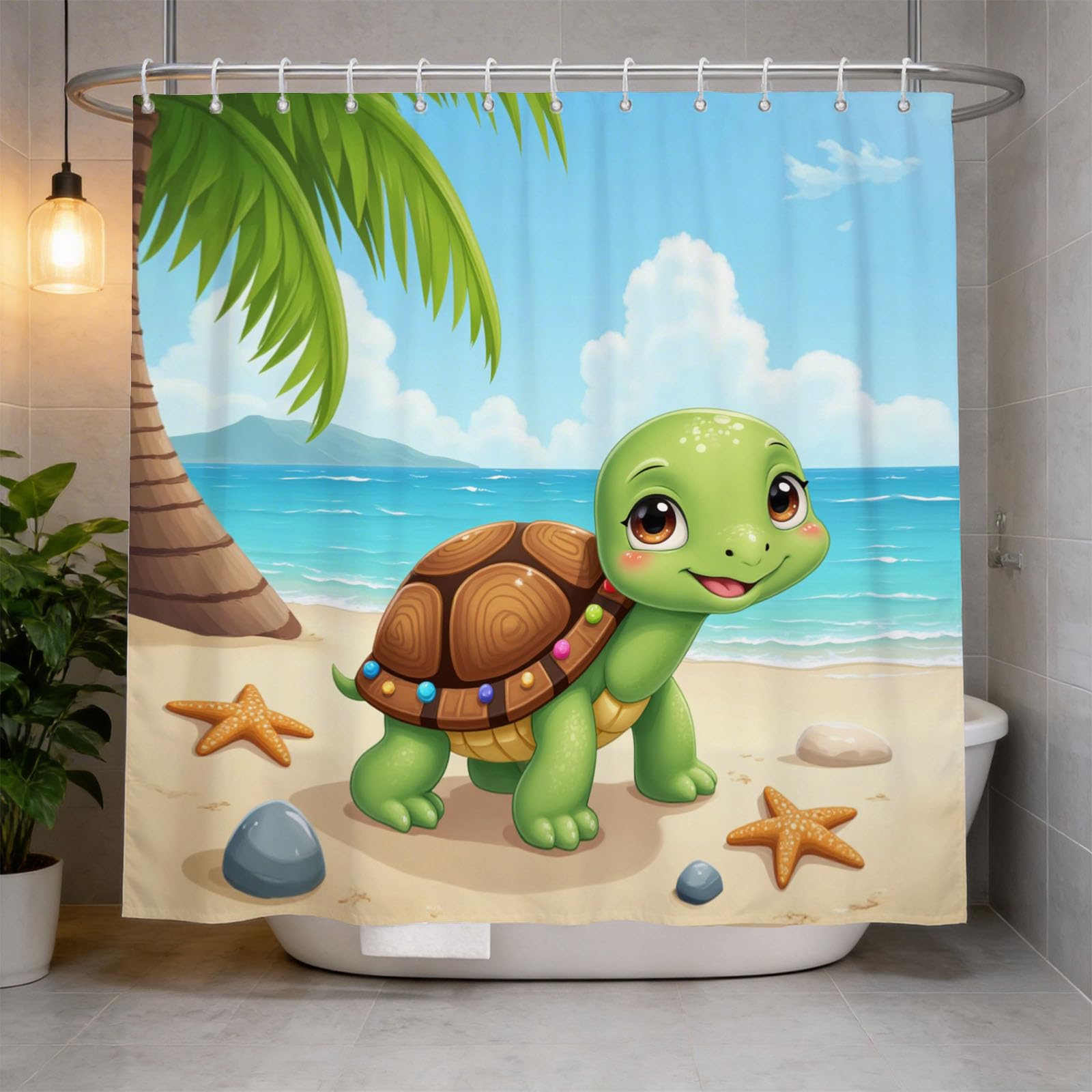 Hongduo 3D Tortoise Shower Curtain for Stalls Bathtubs Cartoon Bathroom Decor Shower Curtain Set Polyester Fabric Waterproof 200x200cm/79X79 Inch with Hooks