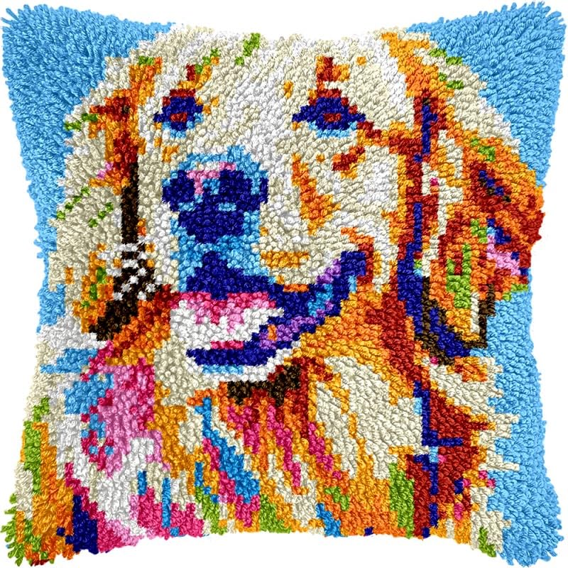 Golden Retriever Latch Hook Kits Pillow for Adults Throw Pillow Pre-Printed Patterns Pillowcase Needlework Crochet Yarns Latch Hooking Cushion for Sofa Decor 17x17inch(y111)