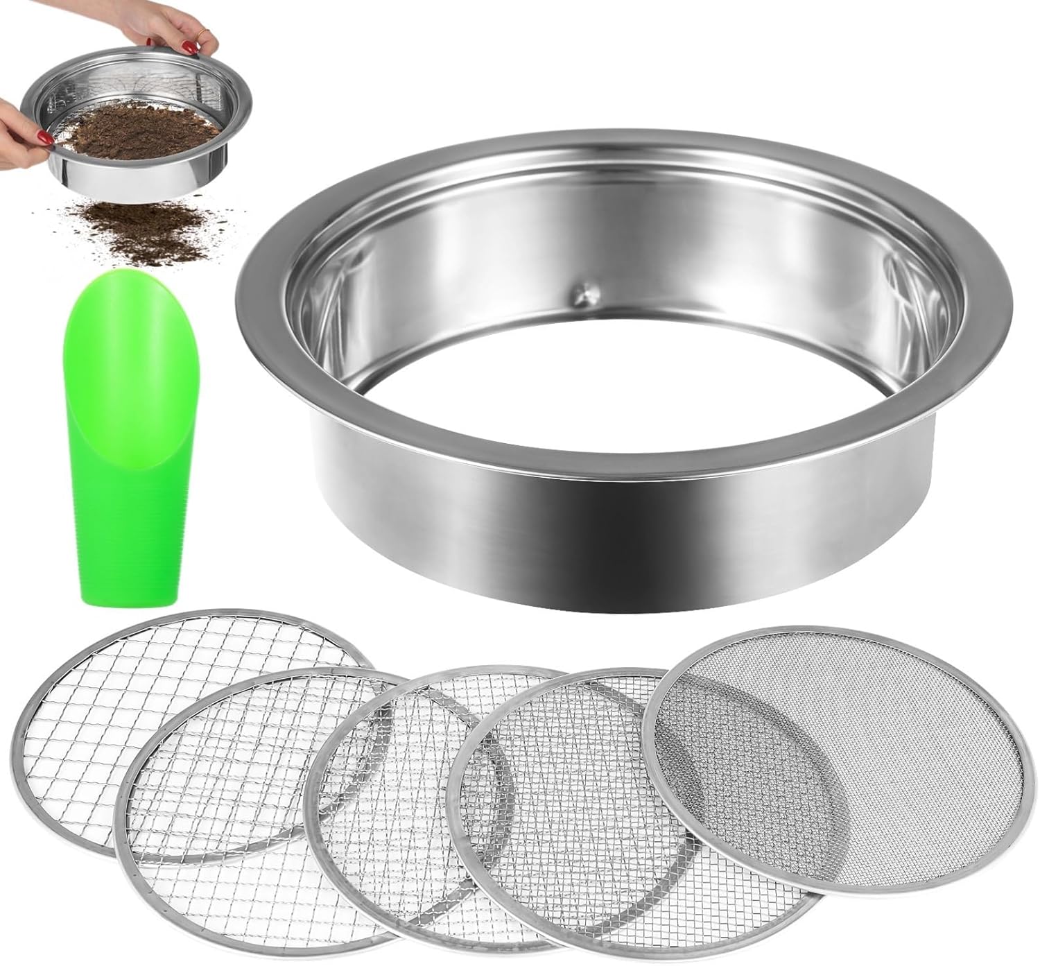 5-Piece Stainless Steel Garden Soil Sieve Kit With Mesh Screens (0.04-0.48) And Bonsai Soil Scoop