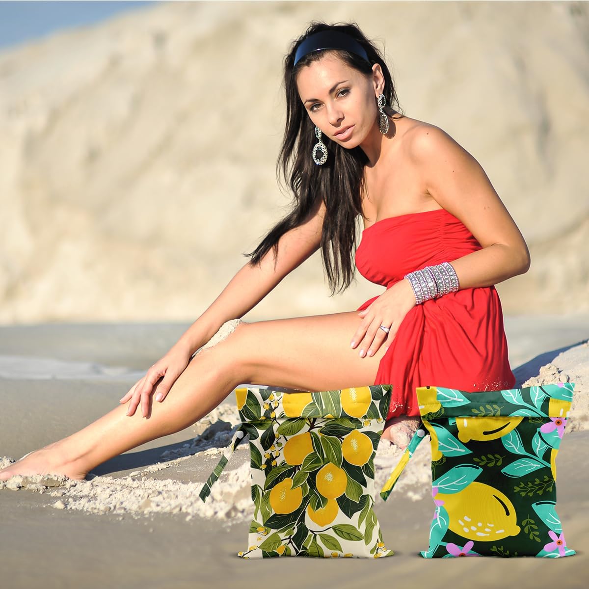 2Pcs Summer Lemon Wet Bag 12x10 Inch, Rustic Lemon Waterproof Travel Laundry Bags, Washable Reusable Wet Dry Bag for Swimsuit Beach Diapers Dirty Yoga Gym Clothes, Plant Gifts for Women Friend