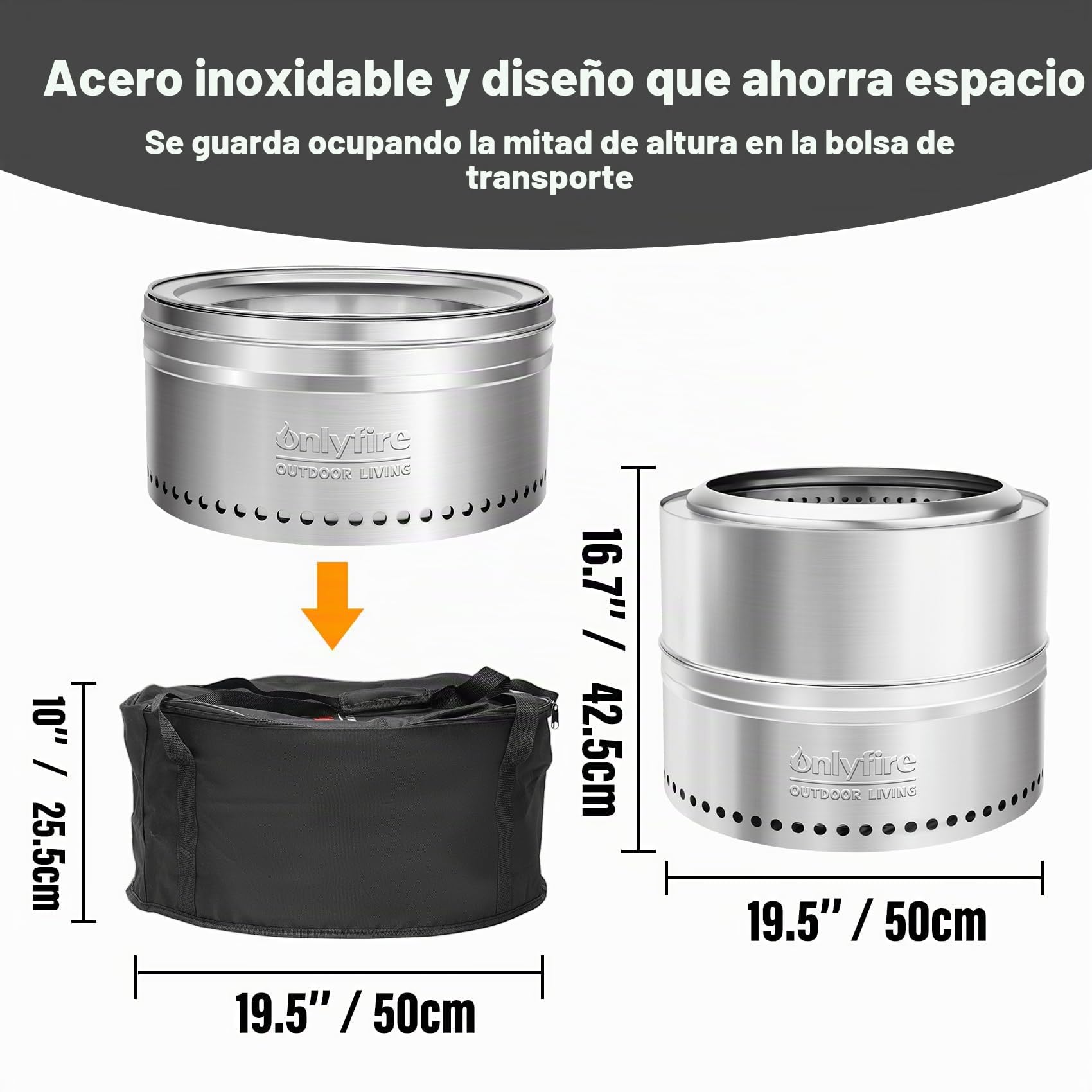 Onlyfire Brasero sin Humos Leña, Camping Portátil de Acero Inoxidable para Hogueras Al Aire Libre con Bolsa de Transporte para Camping, Barbacoa, Patio, Fiesta en El Jardín y Playa,⌀50 cm