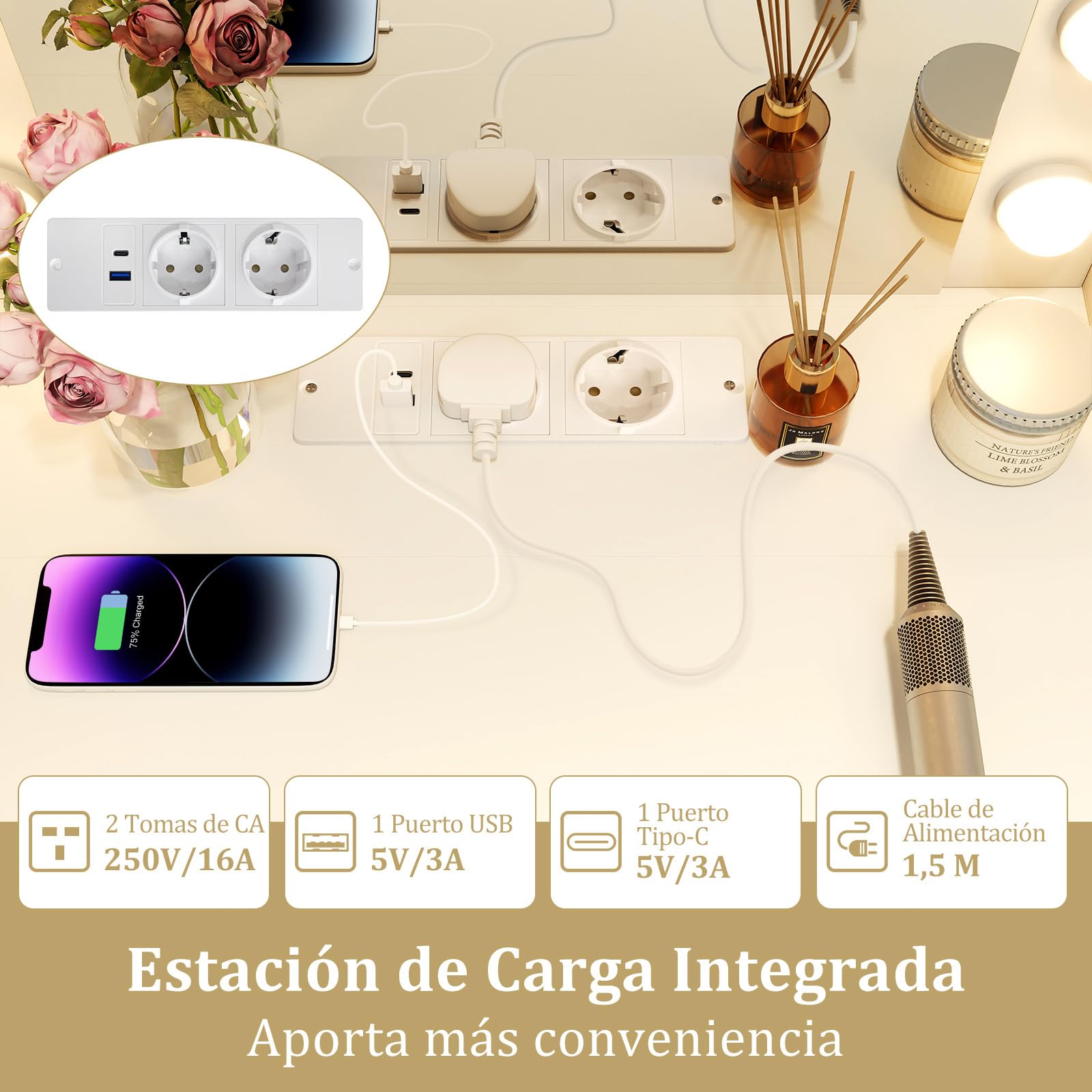 COSTWAY Tocador de Maquillaje con Luz y Espejo, Carga de Estación, Taburete con Almacenamiento, Tocador Pequeño de Panel Plegable con Cajones y Estantes, 72 x 39 x 151 cm, Blanco
