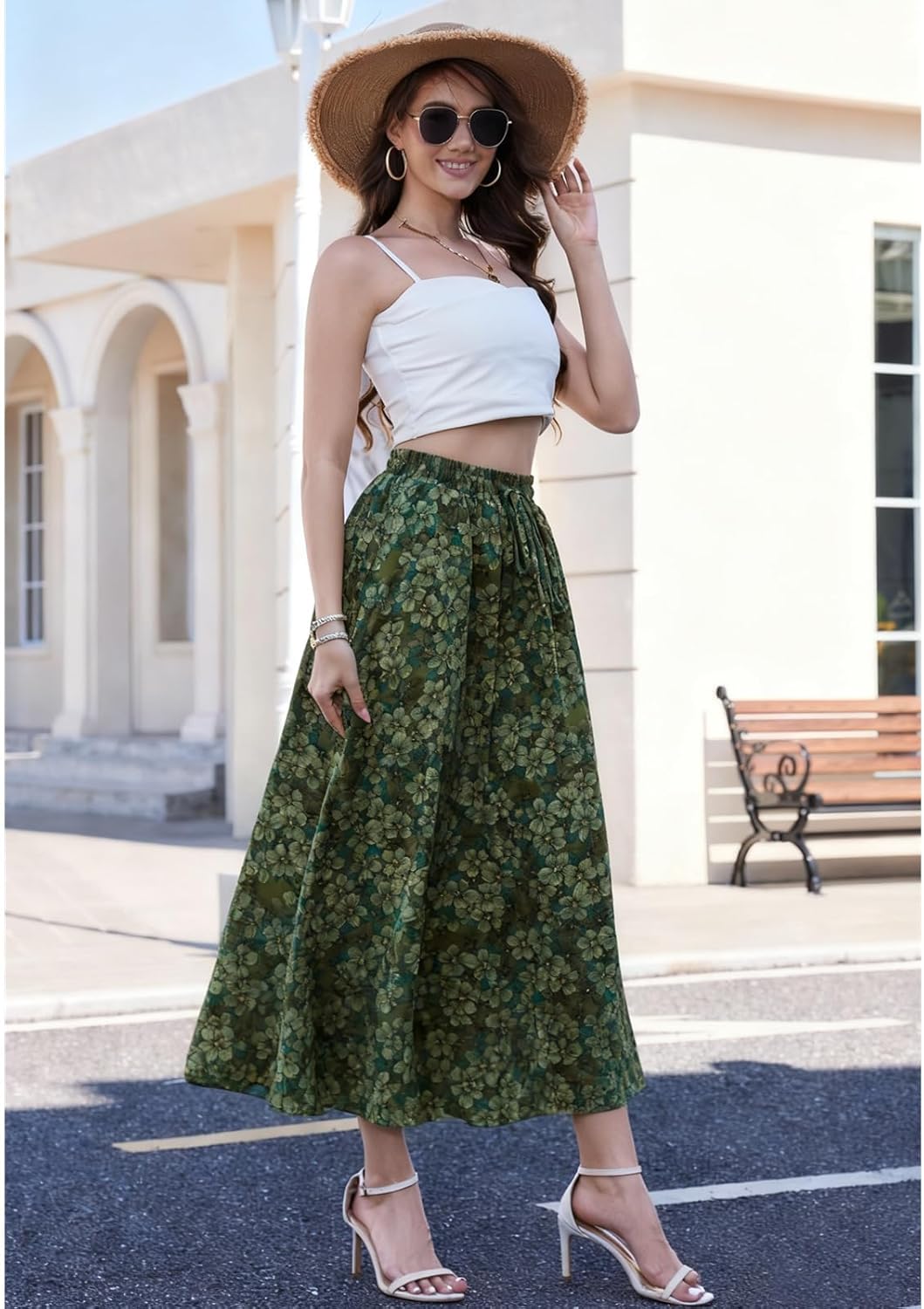Maxi Skirts for Women with Pockets Long Midi Length Casual Skirt for Beach Party Holiday (A46 Floral Green S) - Image 6