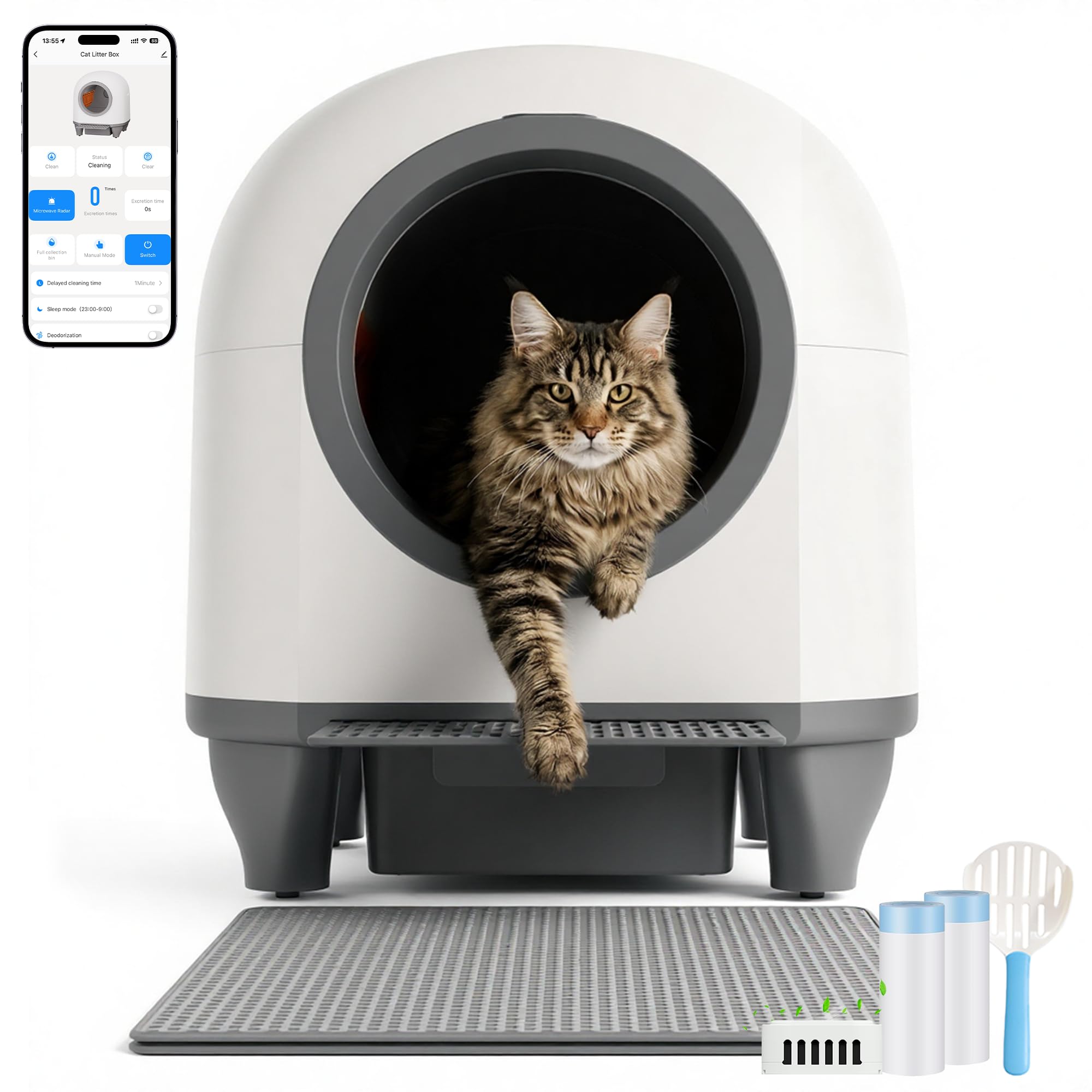 JUMMICO Selbstreinigende Katzentoilette, 90 Liter,XXL katzenklo selbstreinigend, APP-gesteuert, Desodoriert, Mit Katzenstreu Matte, Geeignet für mehrere Katzen selbstreinigende katzentoilette