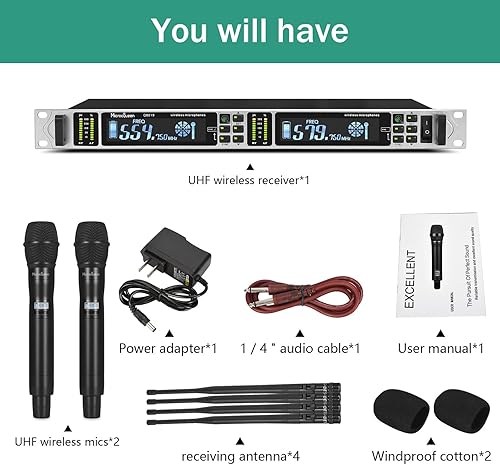 Miniatura 7 de Sistema de micrófono inalámbrico UHF, doble canal con 2 micrófonos de mano de metal, frecuencia alternativa de 200 canales, distancia de trabajo de