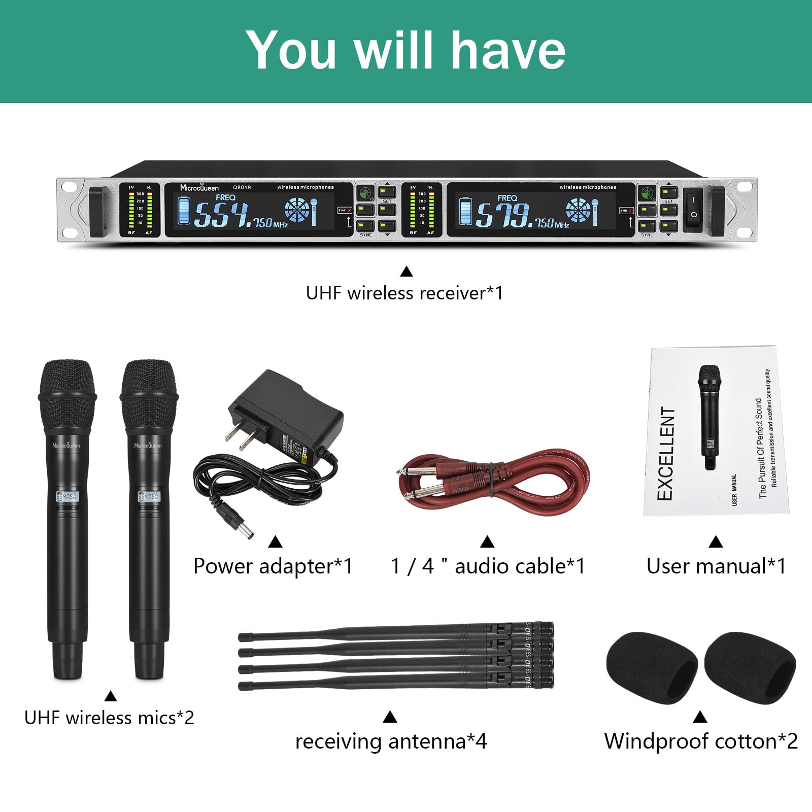 Professional UHF Wireless Microphone System, Dual Channel 530–580MHz with 2 Metal Handheld Mics, Multi-Channel UHF System, 500FT Range, for Karaoke, Meeting, Party