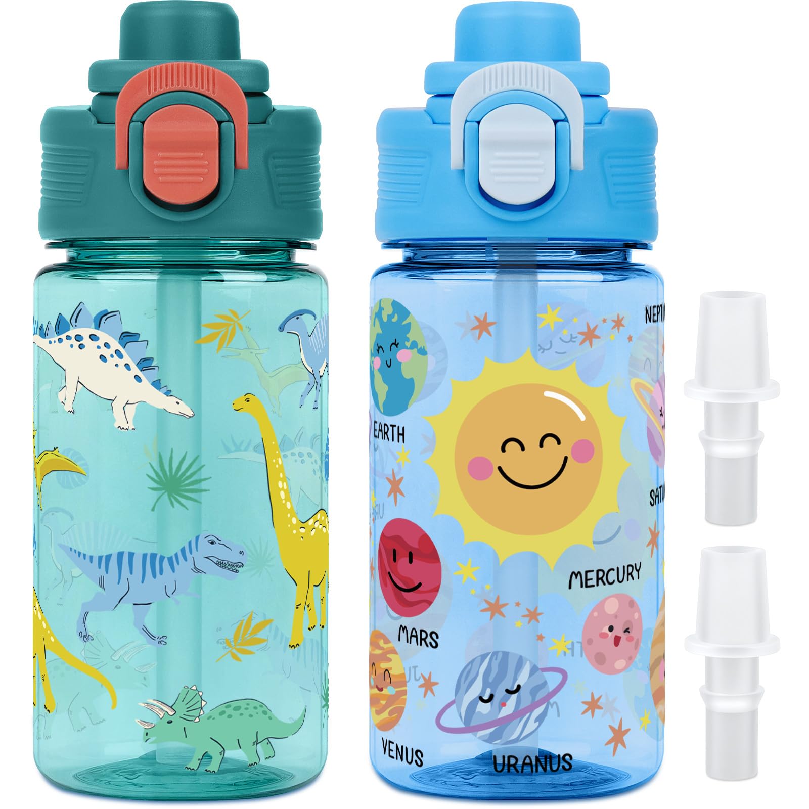 Kids Water Bottles with Straw, 2 Pcs 380ml Boys Girls Leakproof Water Bottle with Bite-to-Sip Spout, Secure Lock and Carry Handle, Bpa-Free for Kids Nursery Sports School - Blue Space & Dinosaurs
