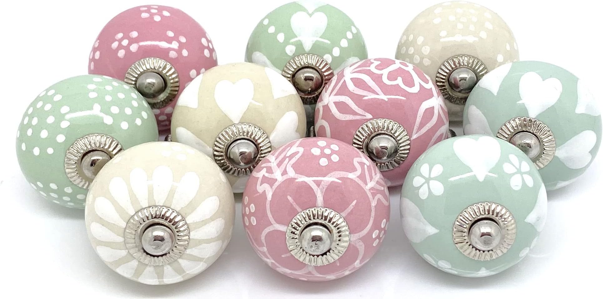 Set of 10 Pink, Sage Green & Cream Ceramic Door Knobs by These Please FP33
