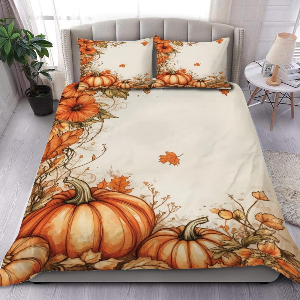 Fall Pumpkin Bedding Set – Twin/Full/Queen/King Size Comforter with Pumpkins & Autumn Leaves – Cozy Thanksgiving Quilt for Bedroom Decor – Soft Seasonal Home Bed Set (Fall Pumpkin)