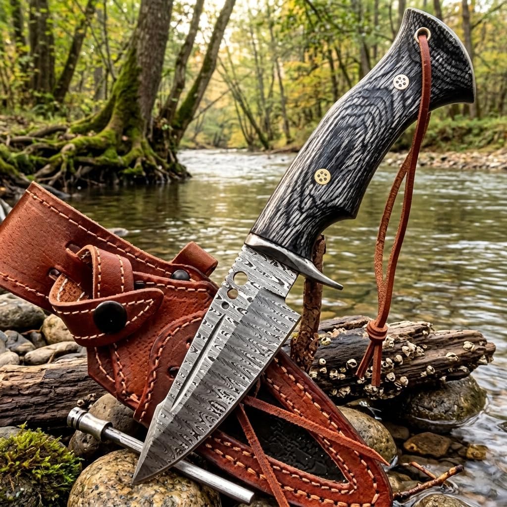 Hunting Knife 10 Inches - Handmade Damascus Steel Fixed Blade Knives - Micarta Wood Handle & Leather Sheath - Bushcraft Outdoor, Skinning & Survival Knife