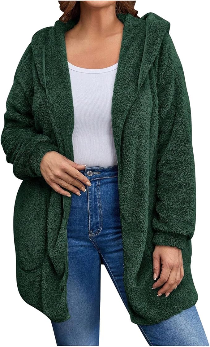 Women's Sherpa Fuzzy Jacket Hoodie Open Front Fleece Hooded Jackets Cardigan Warm Outerwear Fall Coat with Pockets