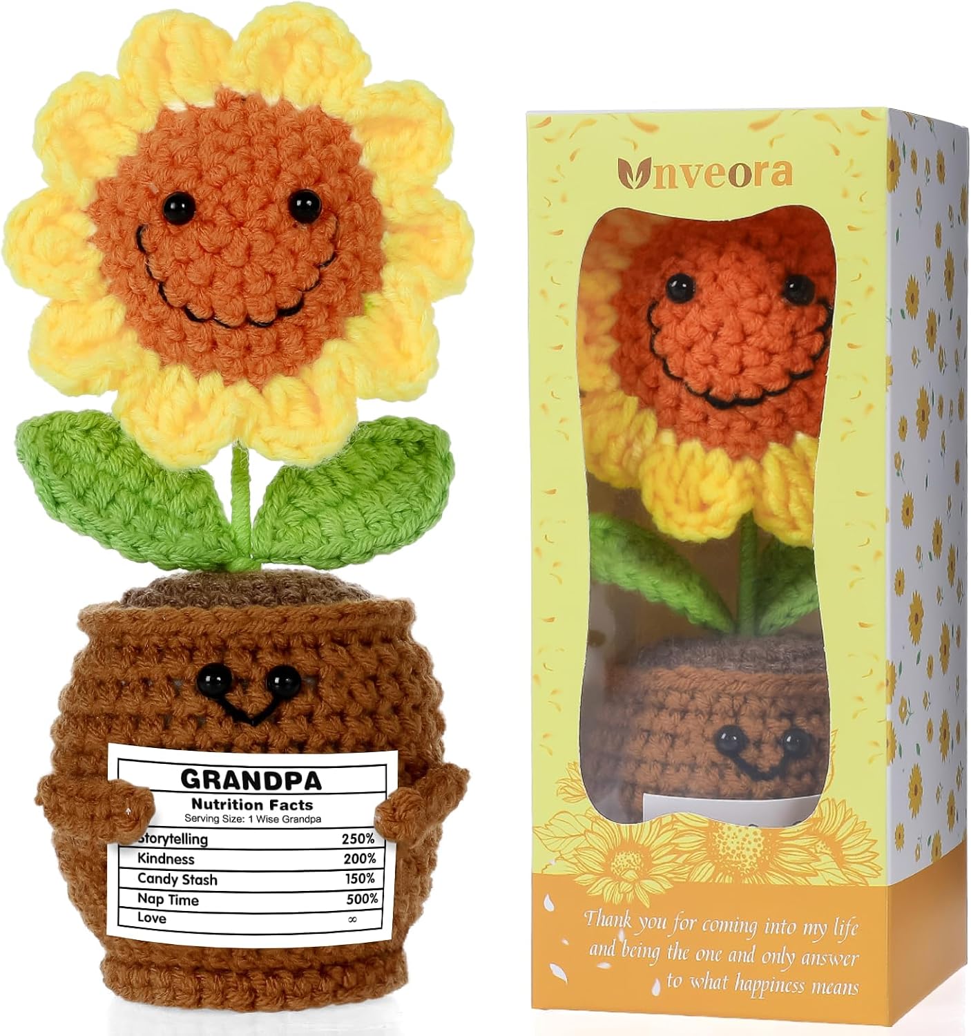 Crochet Flowers in Pot Gift – Handmade Crochet Sunflower with Funny Nutrition Facts Card for Grandpa – Humor Thanks Cards Cute Crochet Decor, Appreciation & Friendship Gift