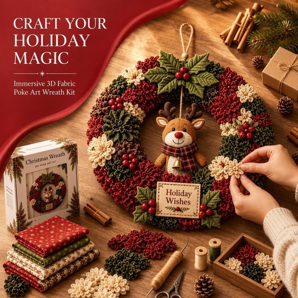 Christmas 3D Fabric Punch Needle Wreath DIY Set, Soft Cloth Material Beginner Friendly Art Craft Project, Festive Hanging Ornament for Front Door Wall Window Fireplace Home Christmas Decor，C