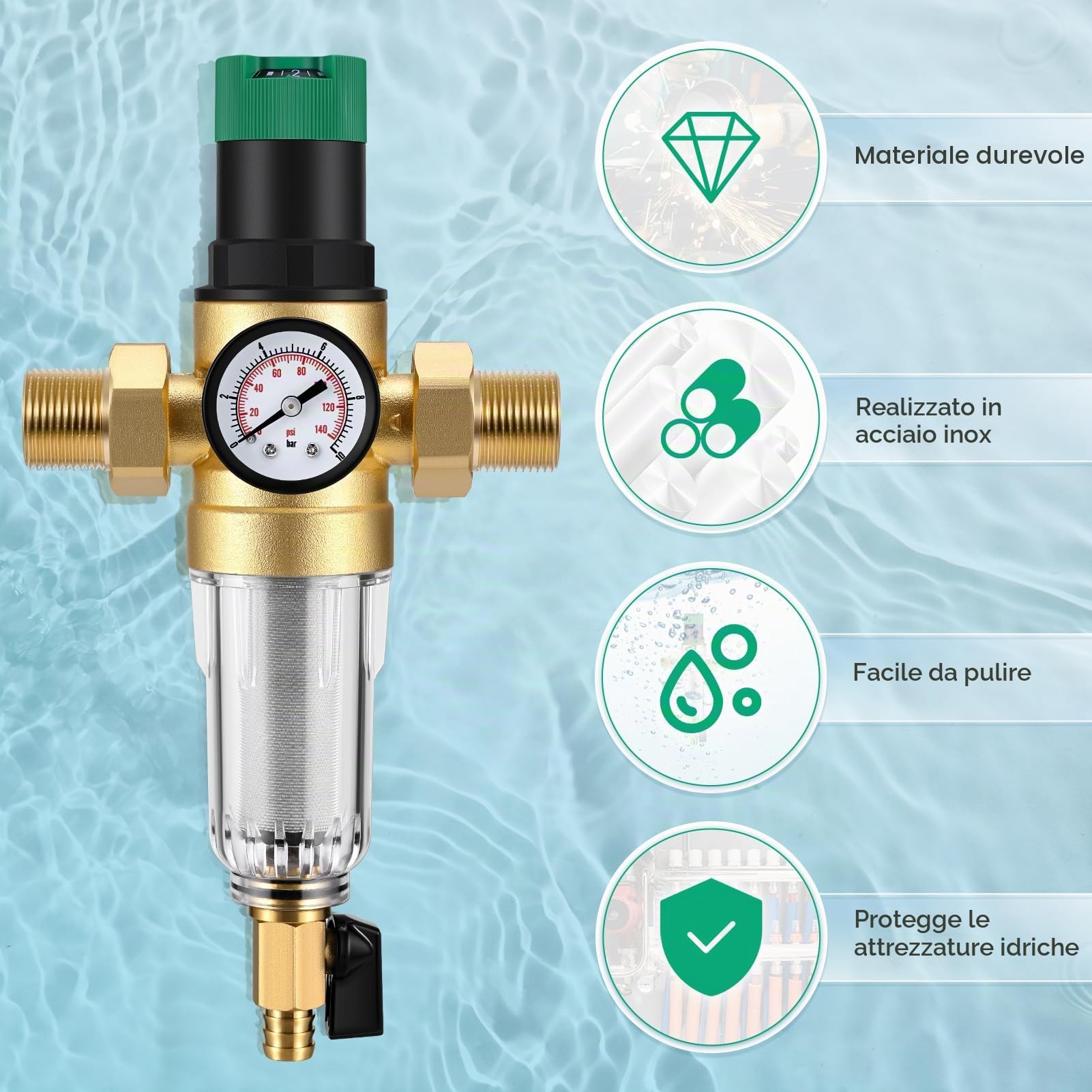 Riduttore di Pressione Acqua 3/4, con Manometro Pressione Acqua, Regolatore di Pressione in Ottone, per La Regolazione della Pressione dell'Acqua