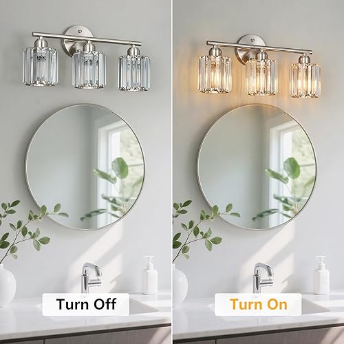 Miniatura 6 de Moderna lámpara de tocador de cristal de 3 luces, lámpara vertical de baño de níquel cepillado sobre espejo para tocador y fregadero, compatible con