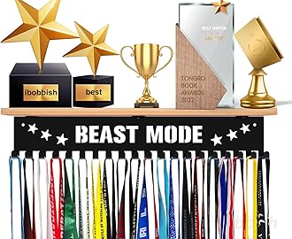 Premium Trophy and Medal Display Shelf 16inchL,Metal Trophy Shelf with Hooks Upgraded,Large Bamboo Trophy Board Display,Sturdy Trophy Shelf with Hooks for Medals Metal Wall Mount Medals