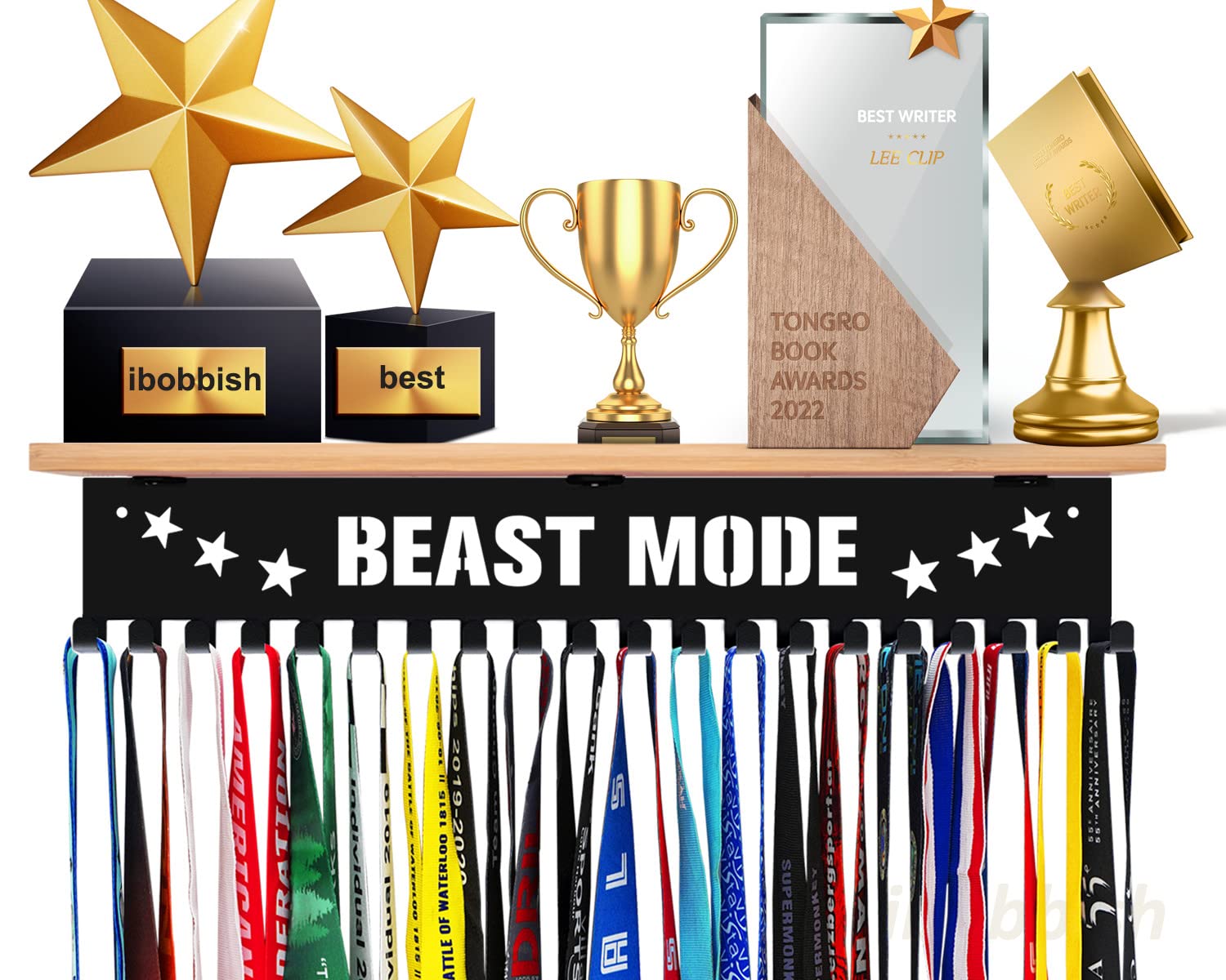 Trophy Shelf with Hooks for Medals - Metal Display Shelf for Wall Mount Ribbon Display, Trophy Shelves for Gymnastics, Soccer, Wrest,Running Race Medals Awards Rack,Trophy Award holder Upgraded