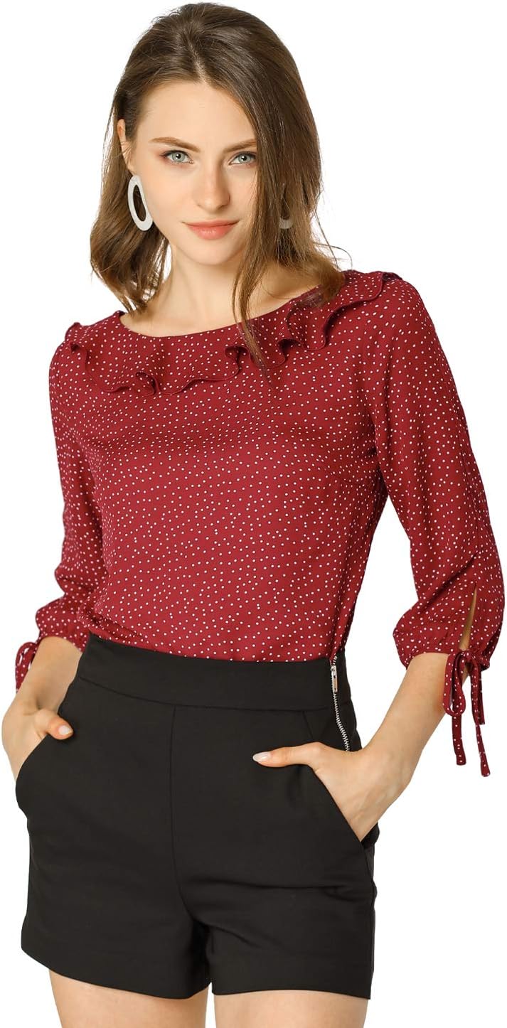 Allegra K Women's Ruffled Collar Polka Dots Shirt 3/4 Sleeve Vintage Blouse