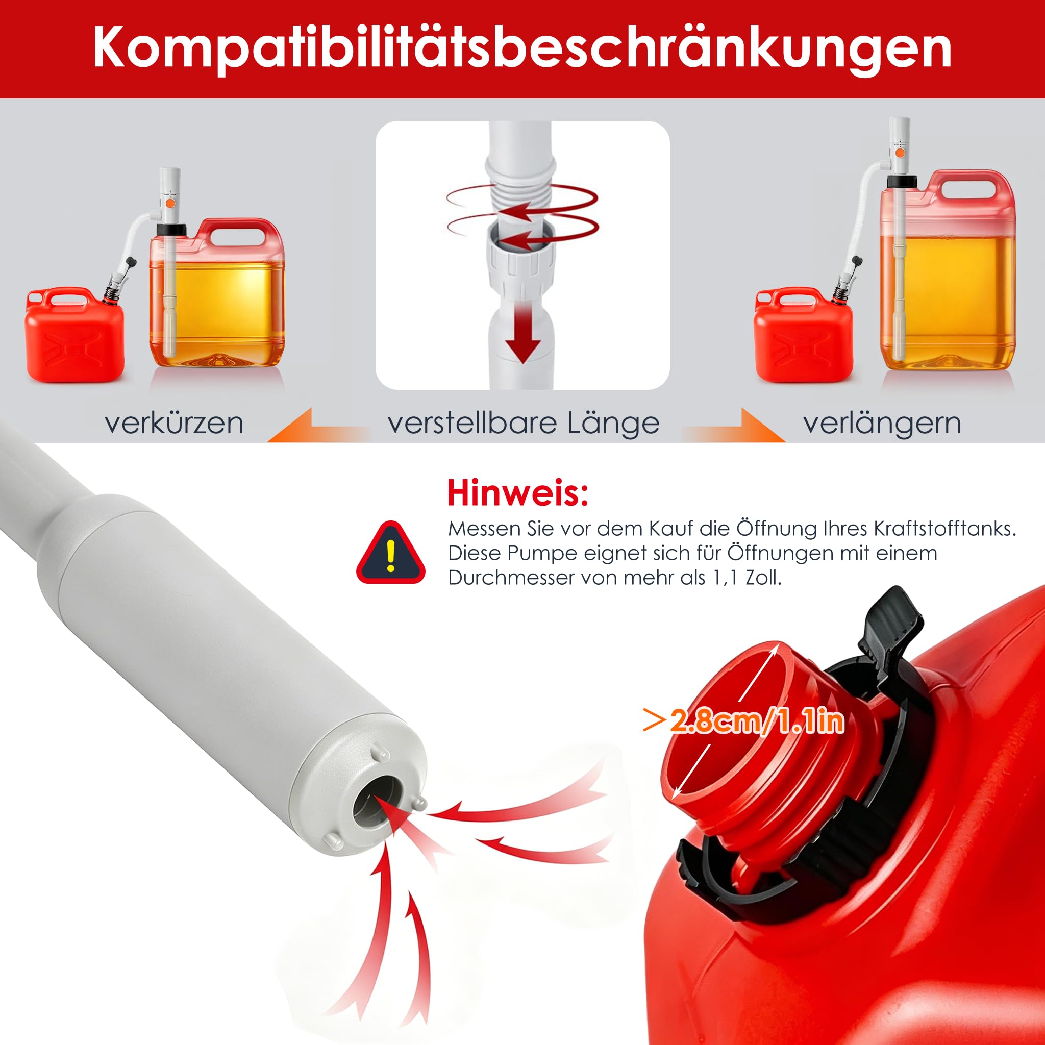FIVAVA Elektryczna pompa benzynowa, 3,2 GPM, szybka pompa transferowa, podwójne zasilanie USB-C i 4AA, teleskopowa rura ssąca 30-43 cm, pompa kanistra do oleju napędowego z automatycznym wyłączaniem