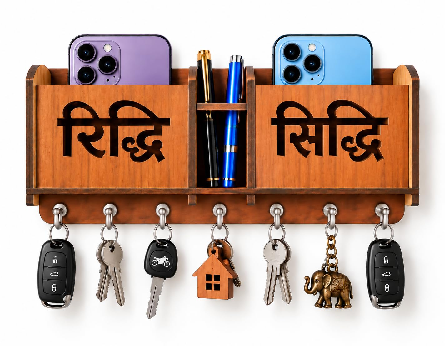 CAPIO ART Wooden Key Holder - 7 Hooks & Mobile Storage -12