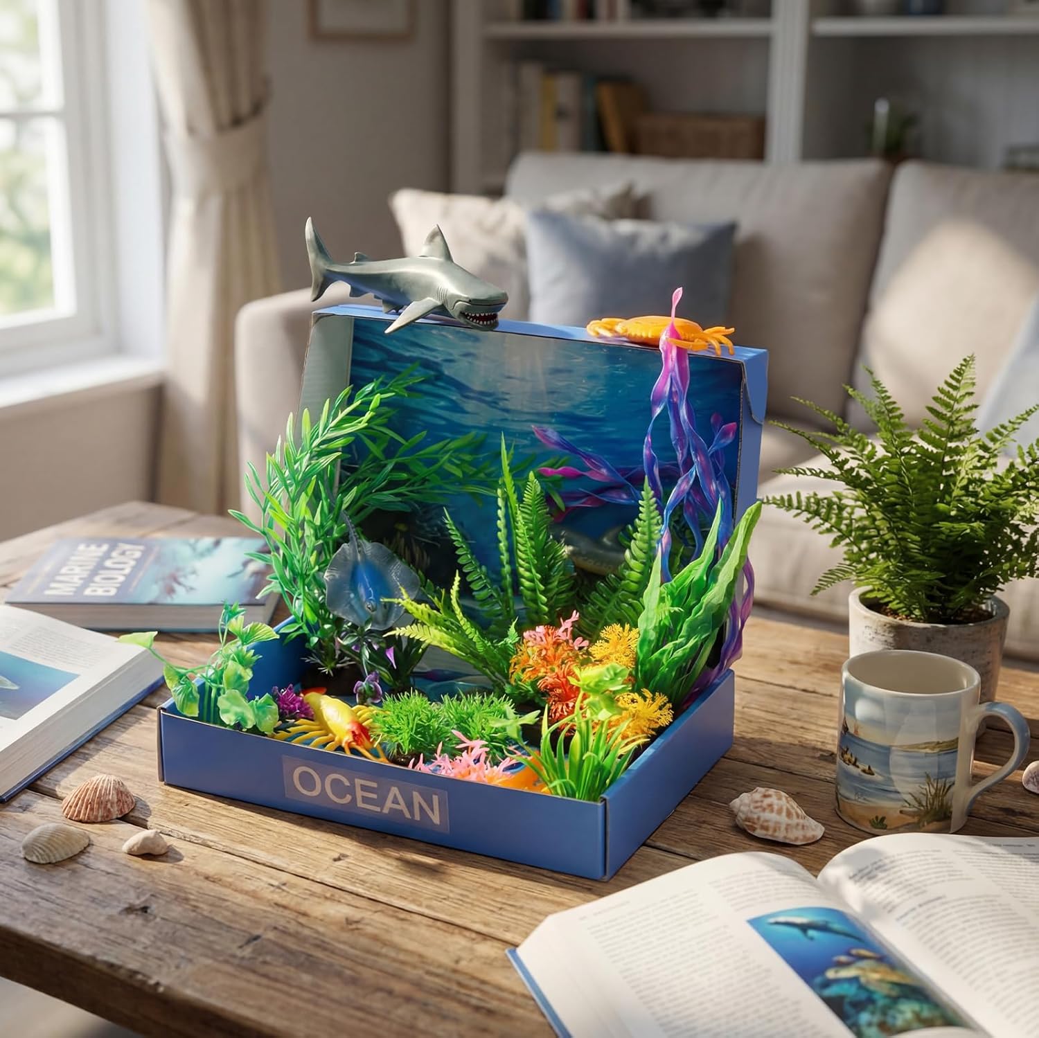 AmazingSpark 46 Pcs Ocean Diorama Kit Habitat Project Supplies Under The Sea Animals Figures Shark Fish Figures Artificial Coral Sea Grass with Diorama Box for Gifts Birthday Party Decorations(Ocean)