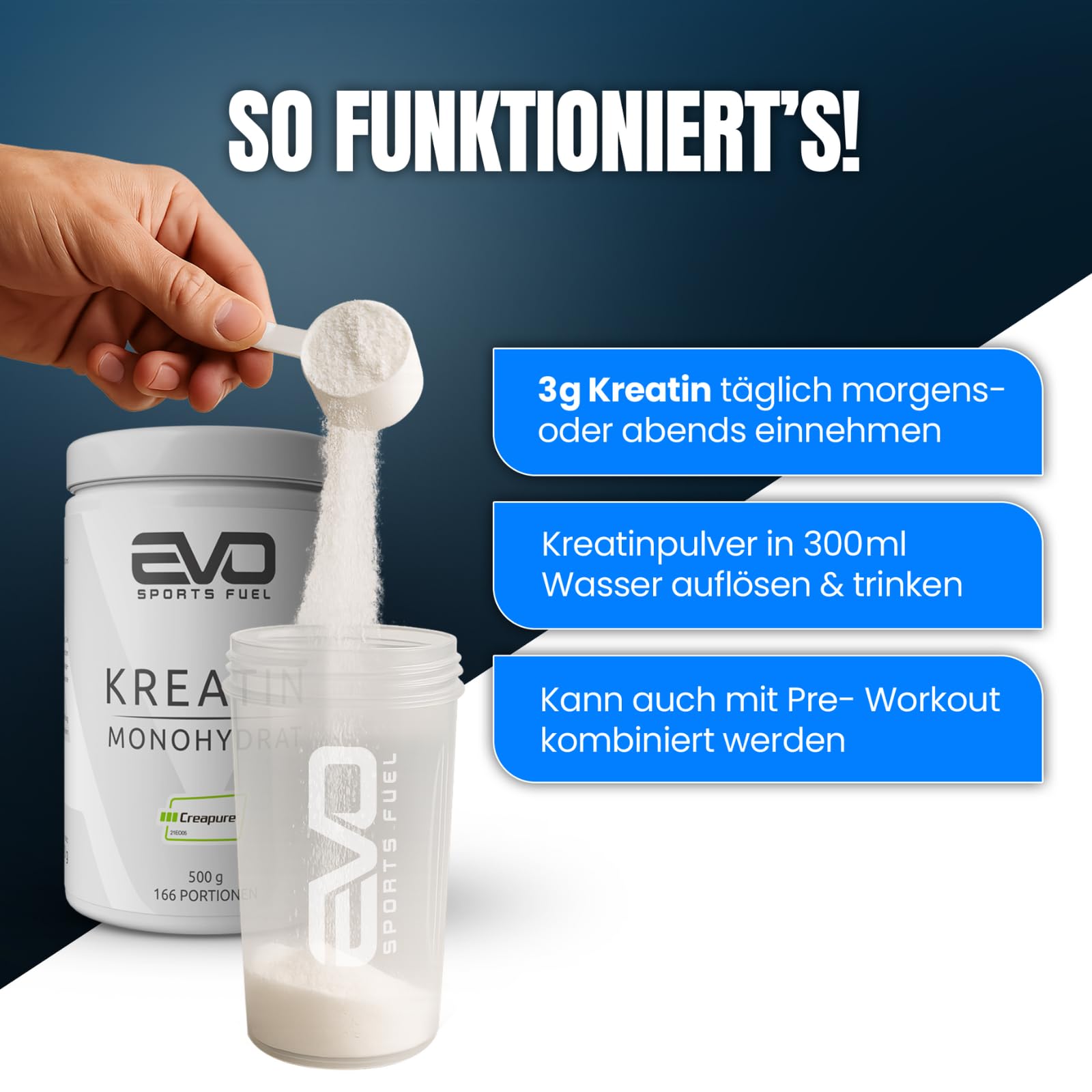 EVO SPORTS FUEL Kreatin Monohydrat Creapure Pulver 500g | 100% vegan & reines Creatine Monohydrate Powder | mikrofein und perfekt löslich | geprüfte Qualität | Made in Germany