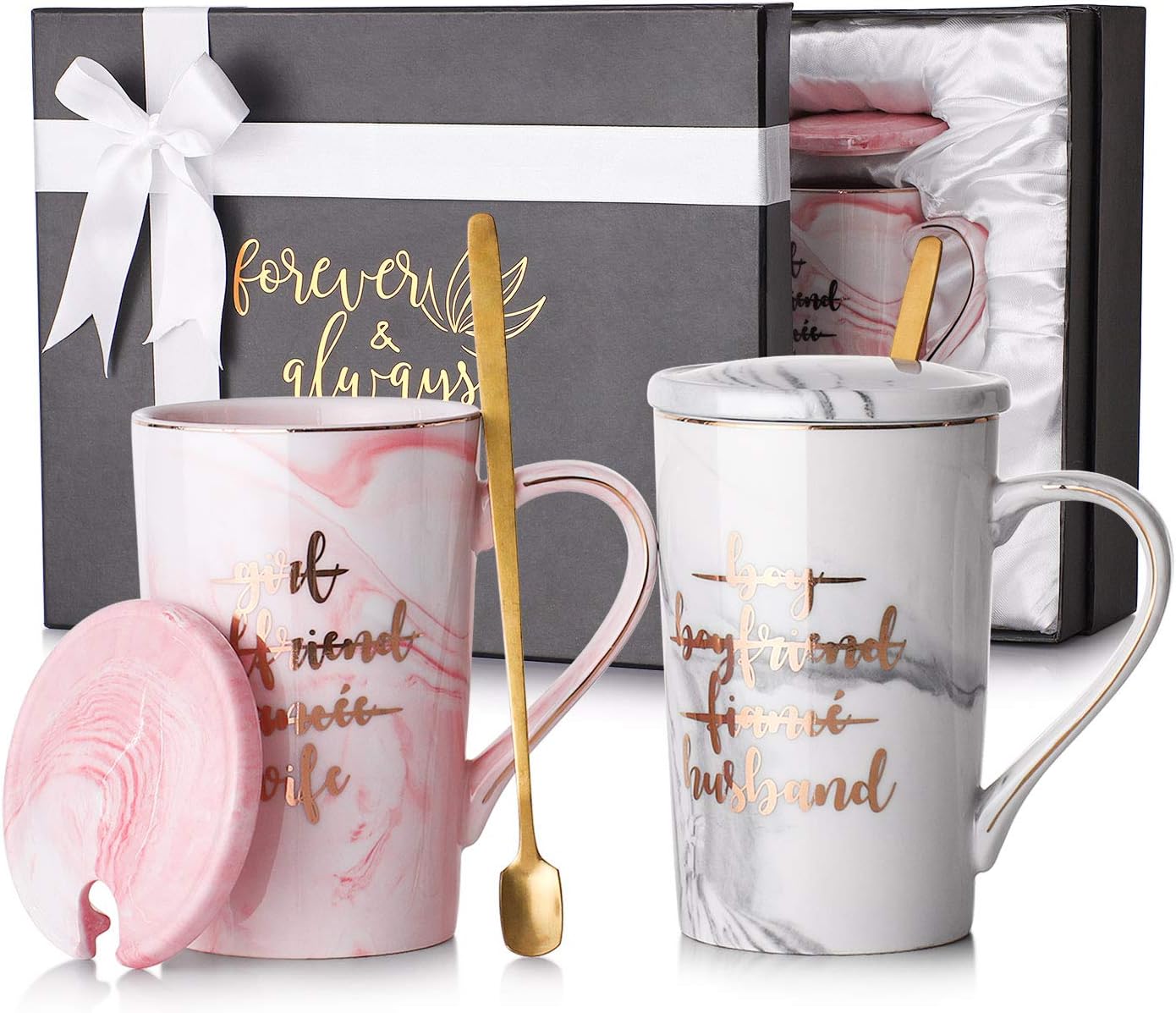 LIFVER 12 oz Couple Coffee Mugs, Wedding Gifts for Bride and Groom, Engagement Gifts for Bridal Shower, Anniversary Gifts for Couple - Porcelain Marble Grey/Pink