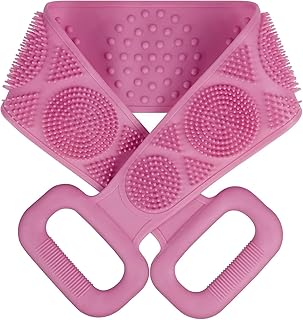 فرشاة استحمام سيليكون مزدوجة الجوانب، لتنظيف البشرة بعمق وتدليكها، مزودة بليفة تقشير لإزالة الجلد الميت، سهلة التنظيف، مناسبة لجميع الأعمار وللاستخدام اليومي للرجال والنساء والأطفال (وردي)