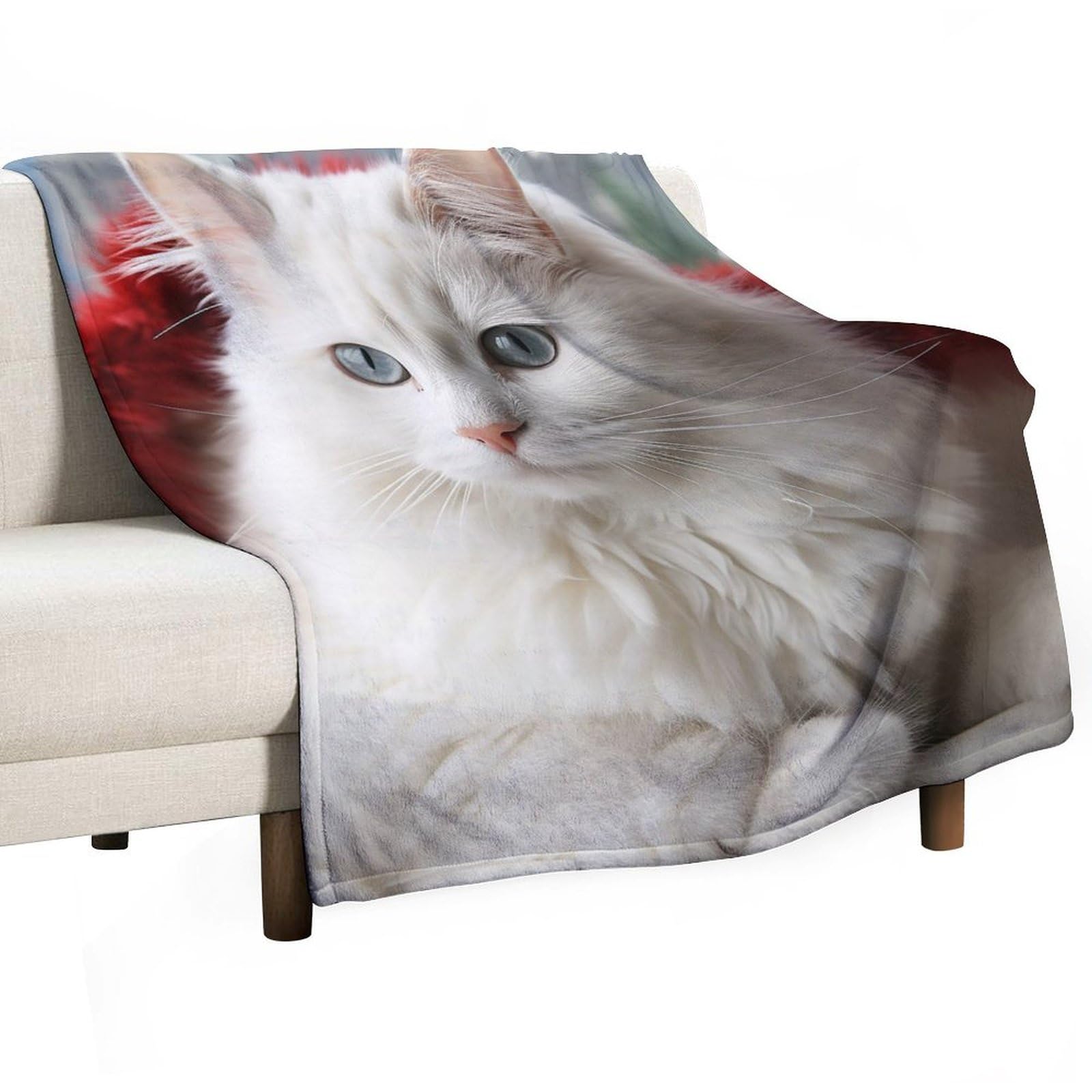 Couverture motif chat blanc pour canapé et décoration d'intérieur cocooning