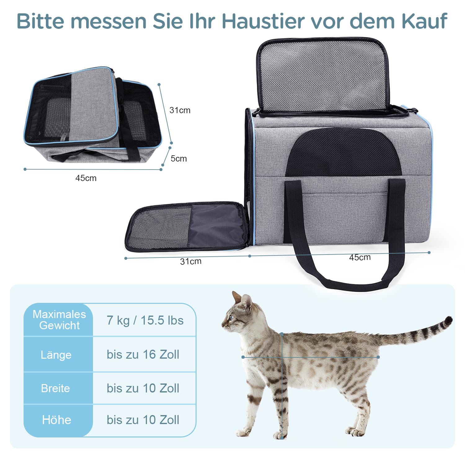 BERTASCHE Torba transportowa dla kotów i psów do 7 kg, składana, torba transportowa, torba transportowa dla kotów na podróż samochodem, pociąg