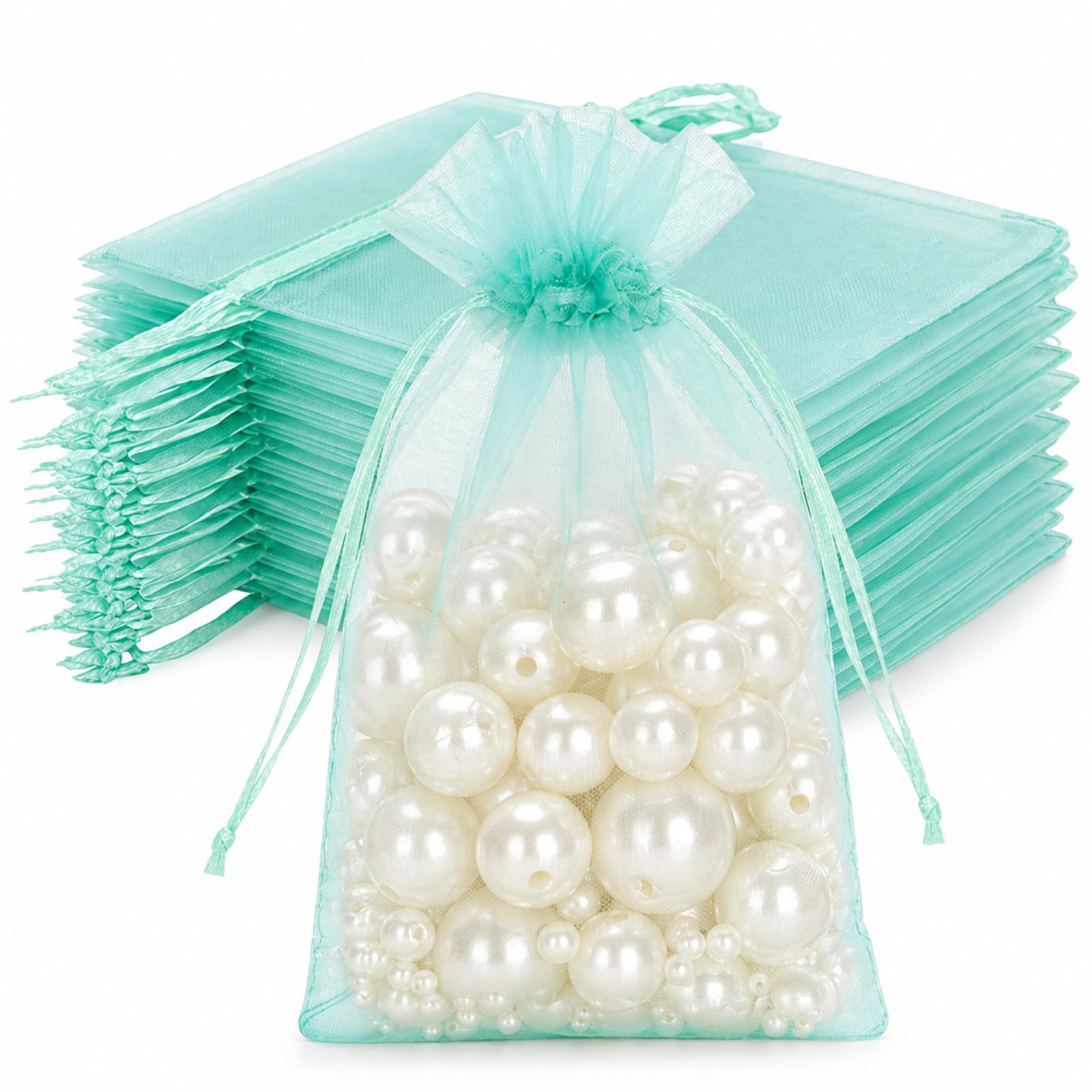joycraft 50Pcs Aqua Blue Organza Bags - 4x6 In Jewelry Drawstring Mesh Pouch, Sheer Holiday Gift Bags for DIY Craft, Christmas Gift, Jewelry Packaging, Wedding Favor