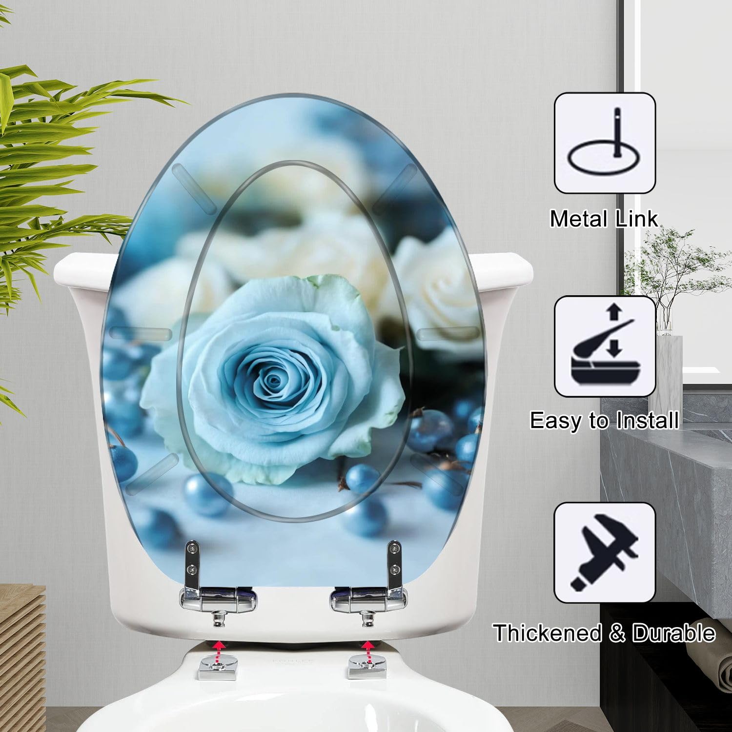 Sedile WC Allungato Blu, con Decorazioni A Rose, Conchiglie E Resina Perlata, Chiusura Lenta E Silenziosa con Cerniere A Sgancio Rapido, Facile Da Pulire E Installare con Copriwater.