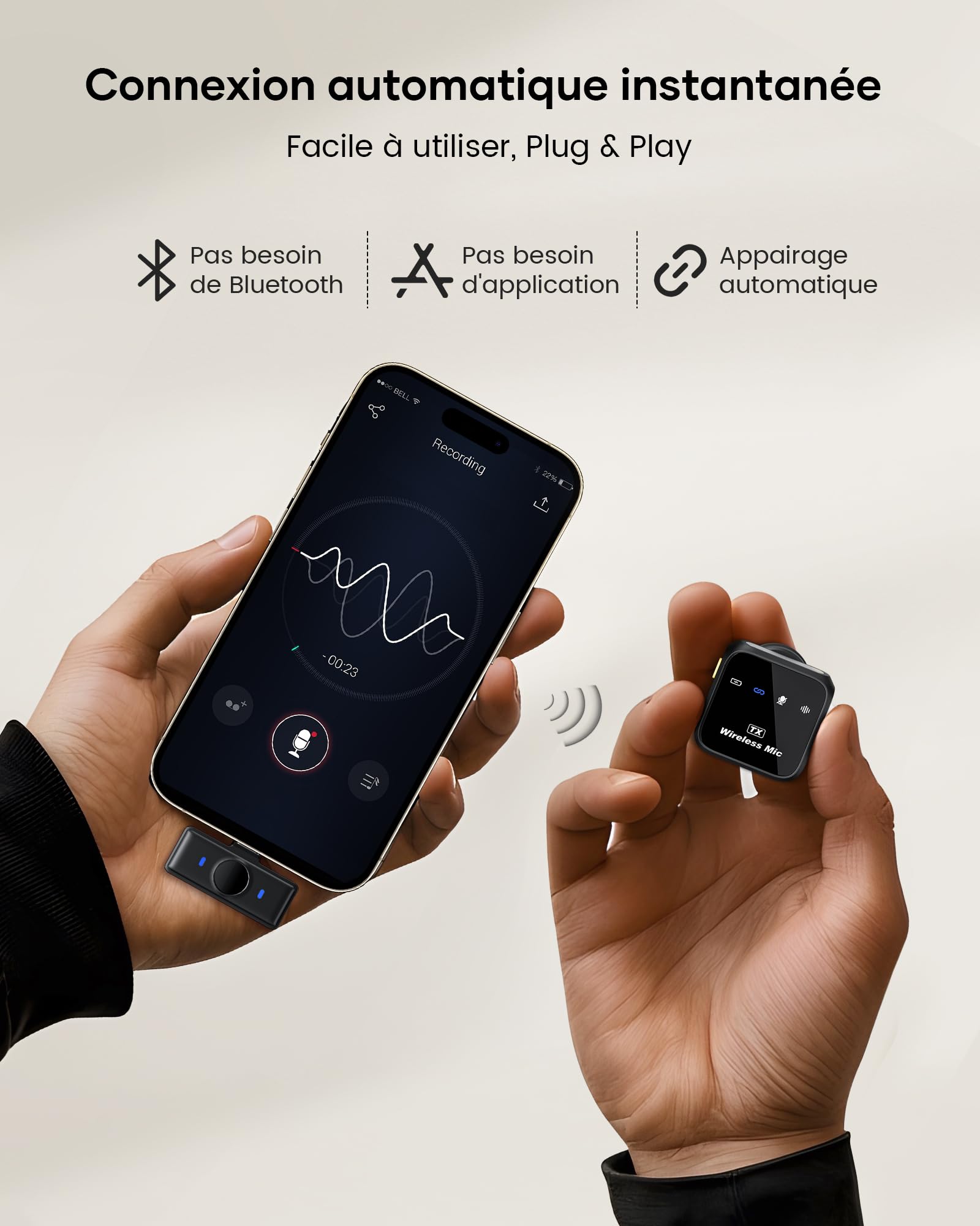 KUKIHO Microfono inalambrico Mini de Solapa para iPhone y Android，Microfono de Clip para Video/Vlogs/Youtube/TikTok Podcasts Estuche de Carga, 80h de autonomía, 50m Alcance.