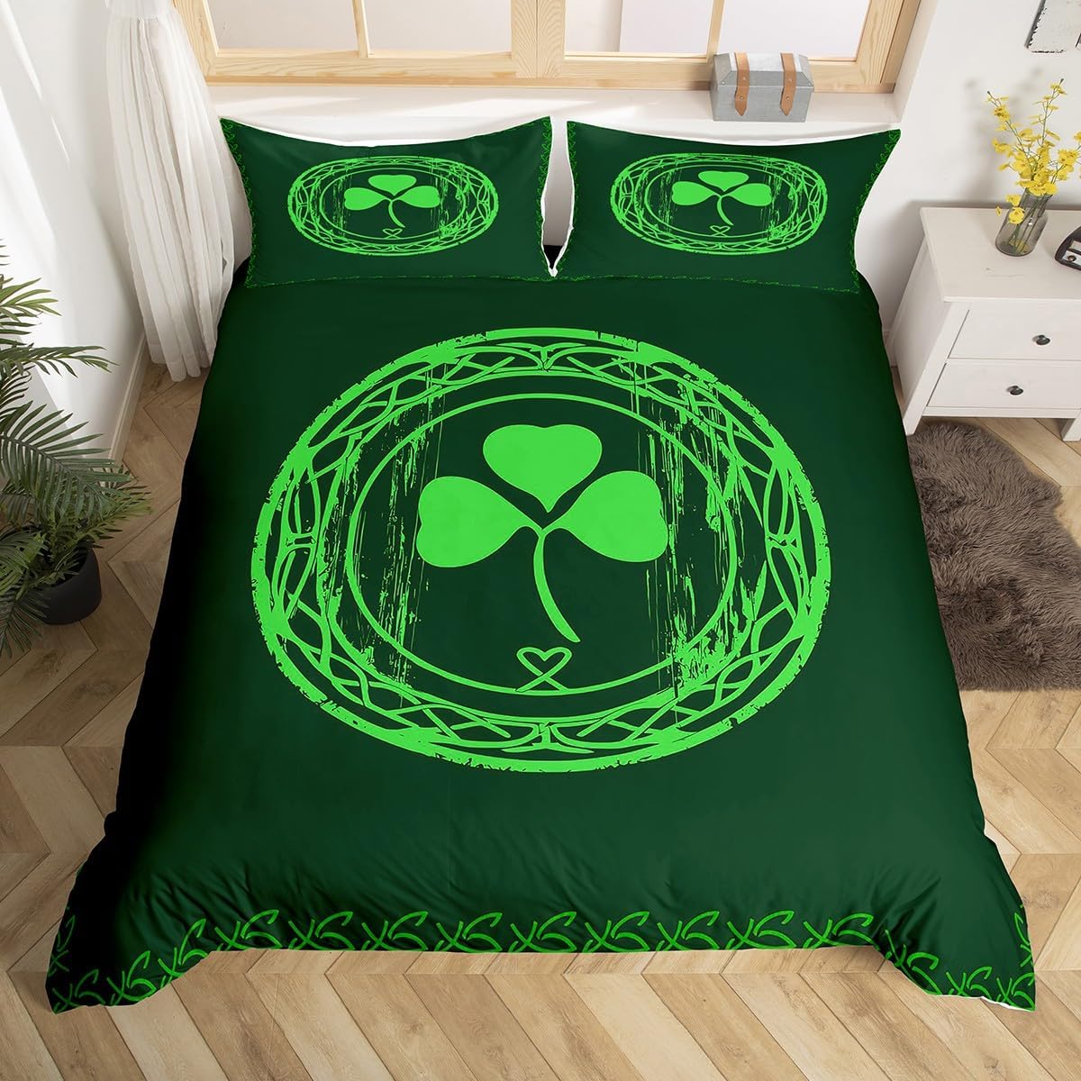 jejeloiu Green Clover Leaves Bedding Duvet Cover Set Queen Size St. Patrick's Day Bedding Set for Kids Boys Girls Geometric Comforter Cover Set Bedspread Cover Bedroom Bedclothes