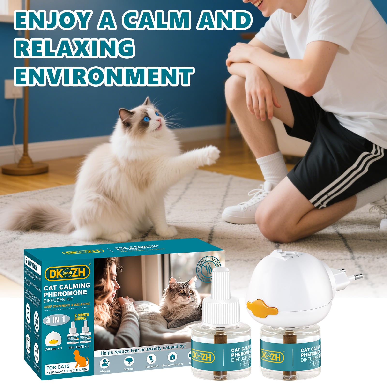 3 en 1 Diffuseur Pheromone pour Chat, 60 Jours Diffuseur Chat Anti Stress, Aide à Réduire l'anxiété, Le Stress, Le Grattage et Le Marquage Urinaire(1 Diffuseur + 2x48ml Recharges) (B)