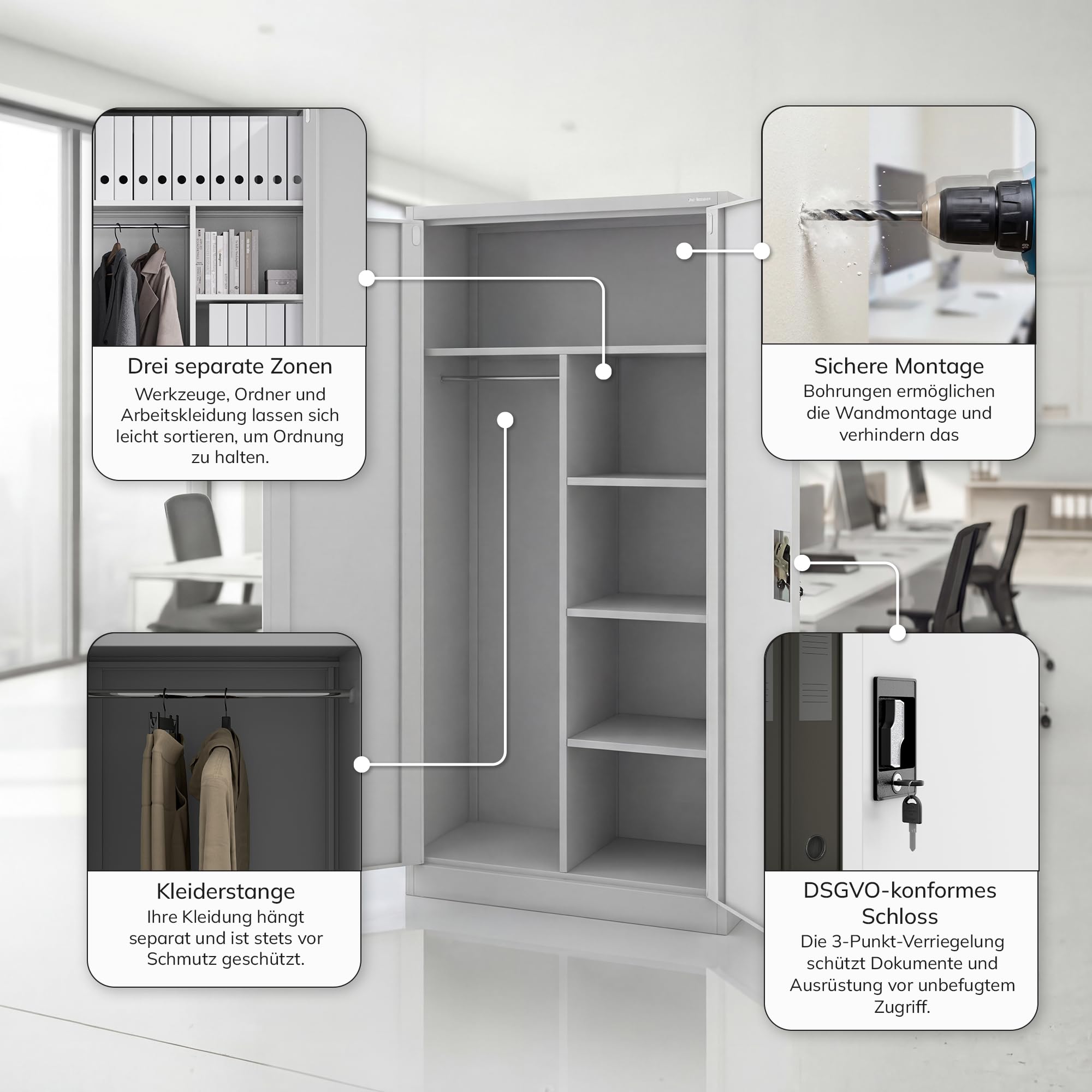 Jan Nowak Metallschrank 185 x 90 x 45 cm | Büroschrank Abschließbar mit Kleiderstange, Pulverbeschichtung | Aufbewahrungsschrank Umkleideschrank Spind Kleiderstange | Grau