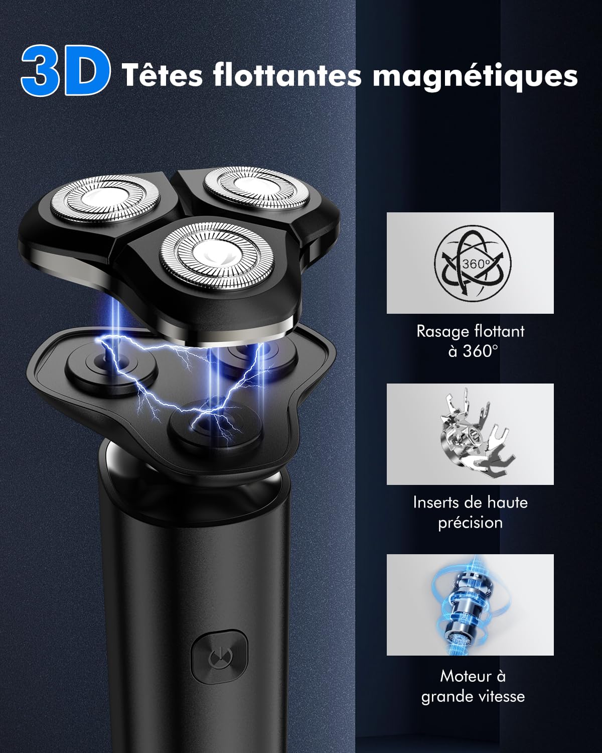 Rasoir Électrique Homme 3 en 1, Rasoir Electrique Tondeuse Barbe Hommes avec Tondeuse de Précision pour Barbe et Nez, 3D Têtes Flottantes, IPX7 Étanche Rasage Sec et Humide, Écran LCD & USB-C